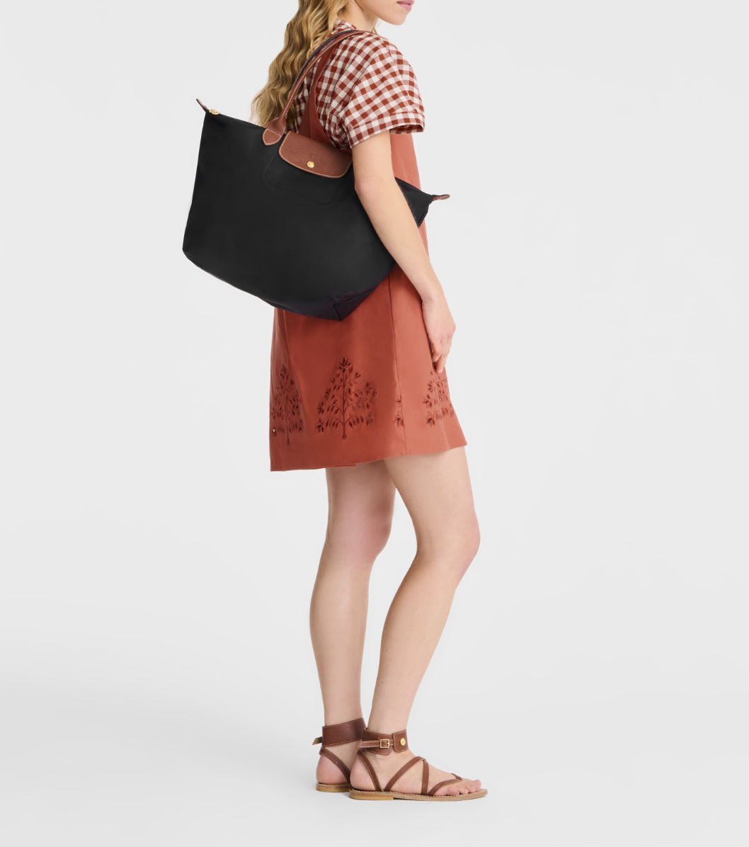 Nylon Canvas Large Tote Bag with Leather Handles(Black), Lightweight, Durable Shoulder Bag for Everyday Use