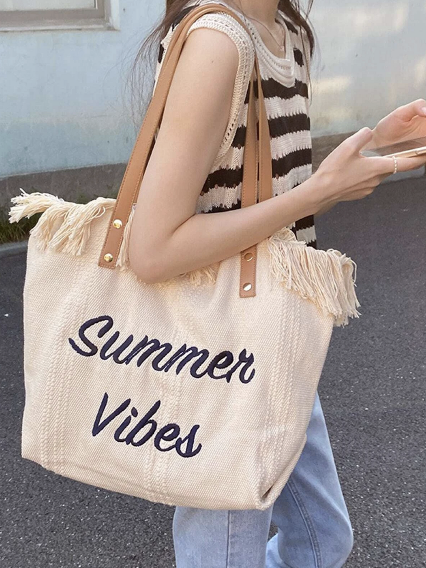 Summer Vibes Embroidered Tote Shoulder Bag, Fringe Trim Minimalist Tote, Beach Tote