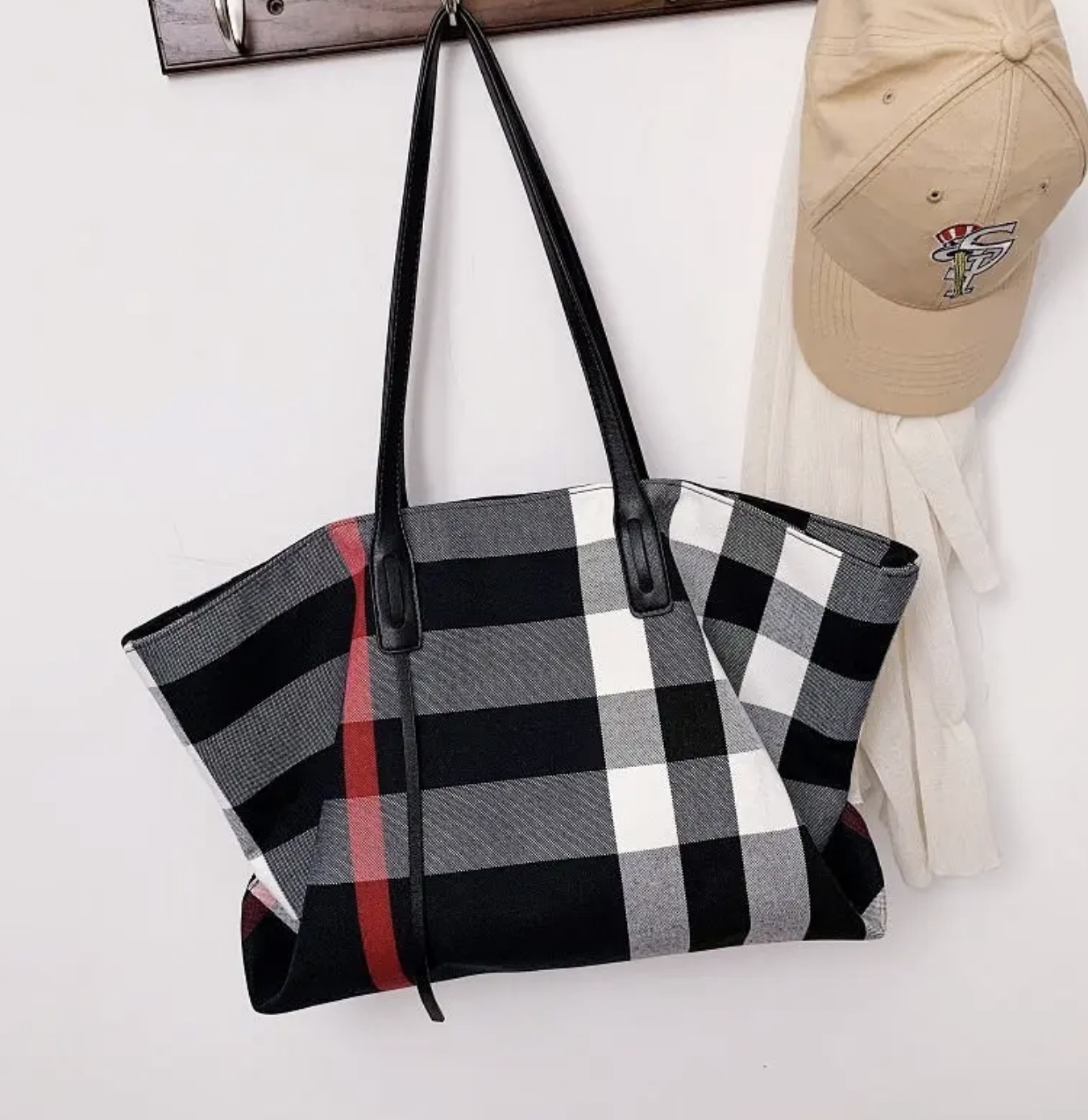 Plaid Canvas Tote Shoulder Bag, Large Capacity Handbags for Women