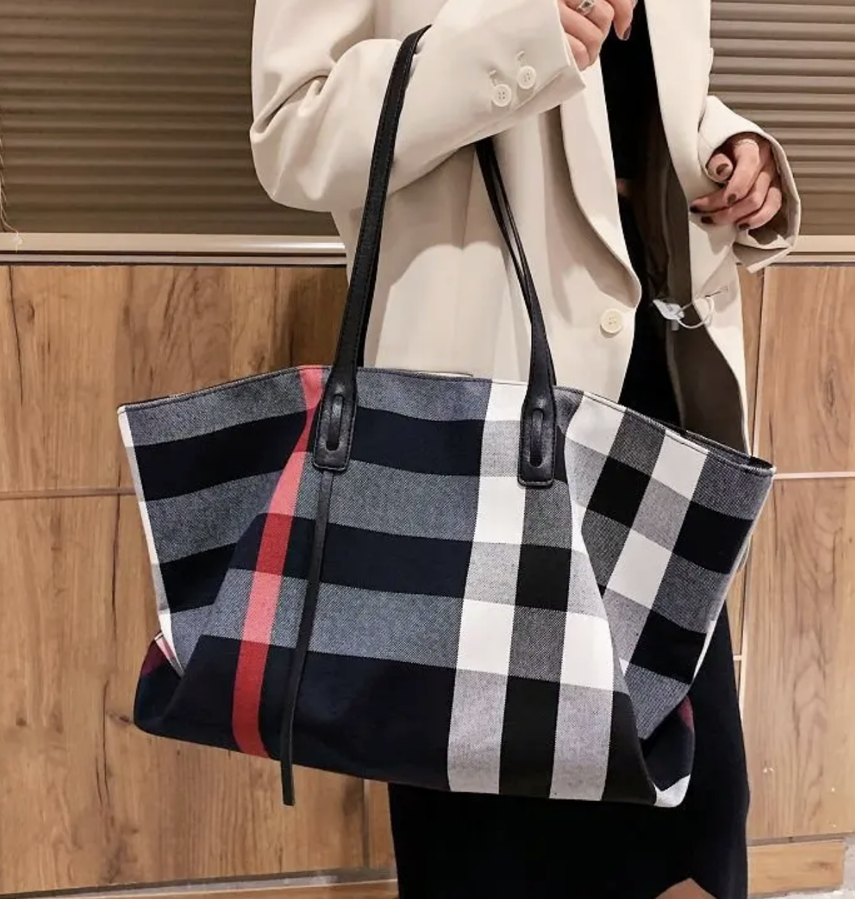 Plaid Canvas Tote Shoulder Bag, Large Capacity Handbags for Women