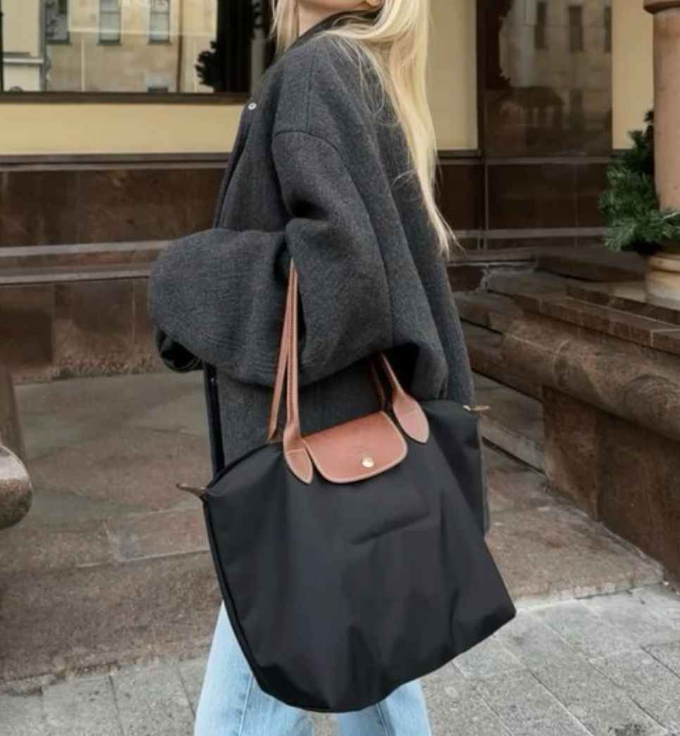 Nylon Canvas Large Tote Bag with Leather Handles(Black), Lightweight, Durable Shoulder Bag for Everyday Use