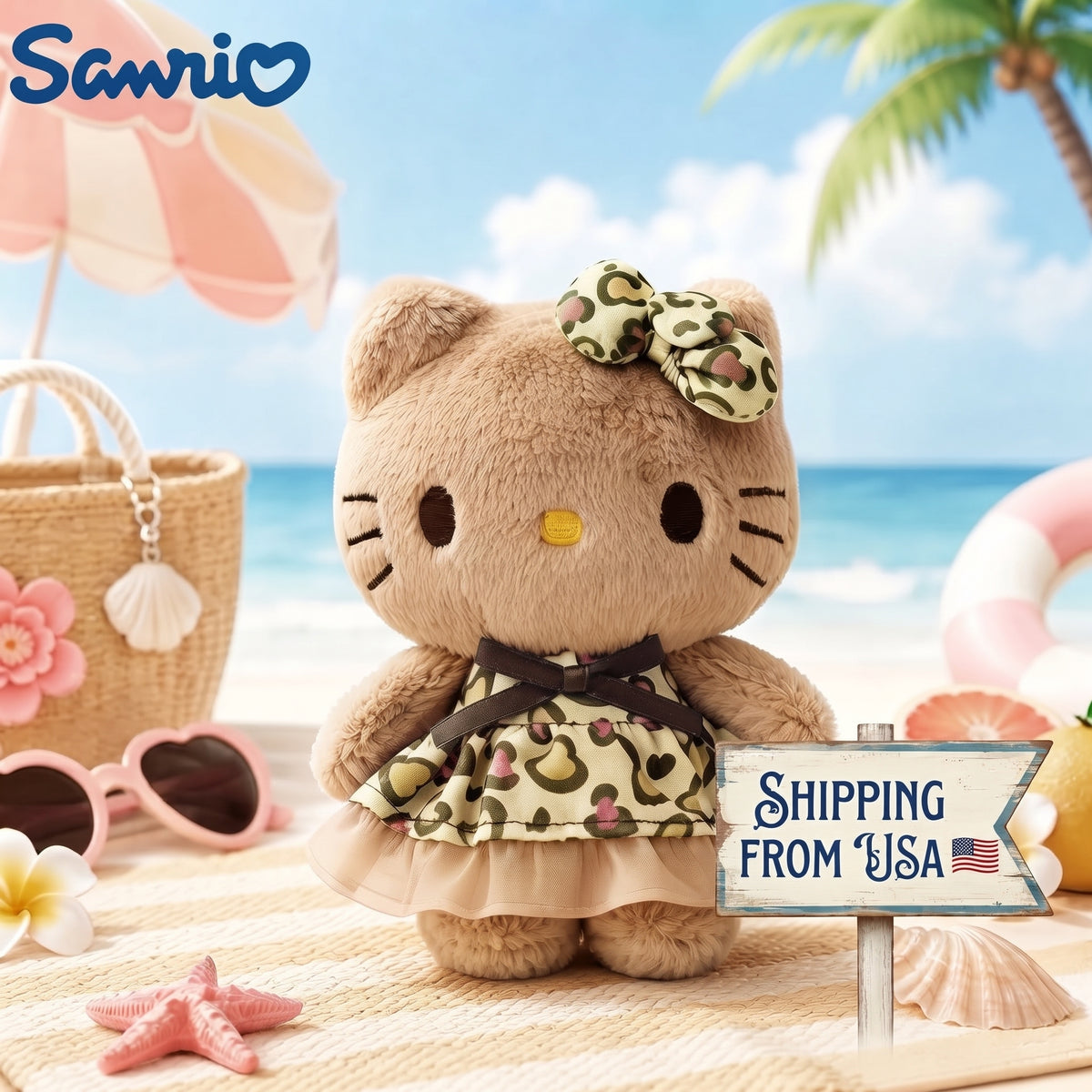Sanrio Hello Kitty Leopard Plush Keychain – Cheetah Print Y2K Gyaru Bag Charm