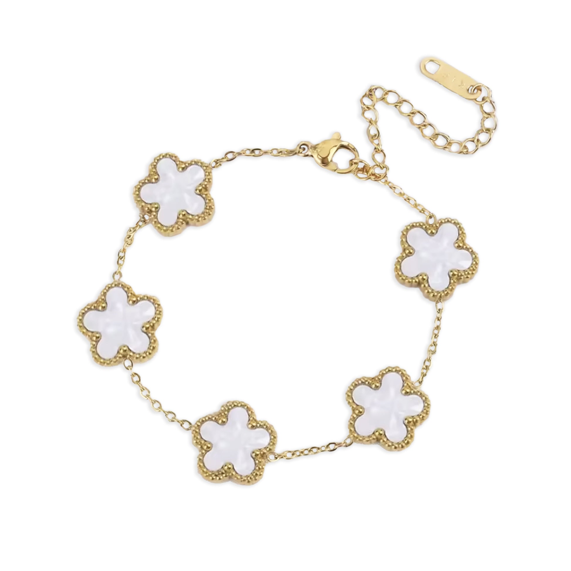 18k Gold Plated Five Petal Clover Bracelet, Stainless Steel Five Leaf Clover Jewelry for Women