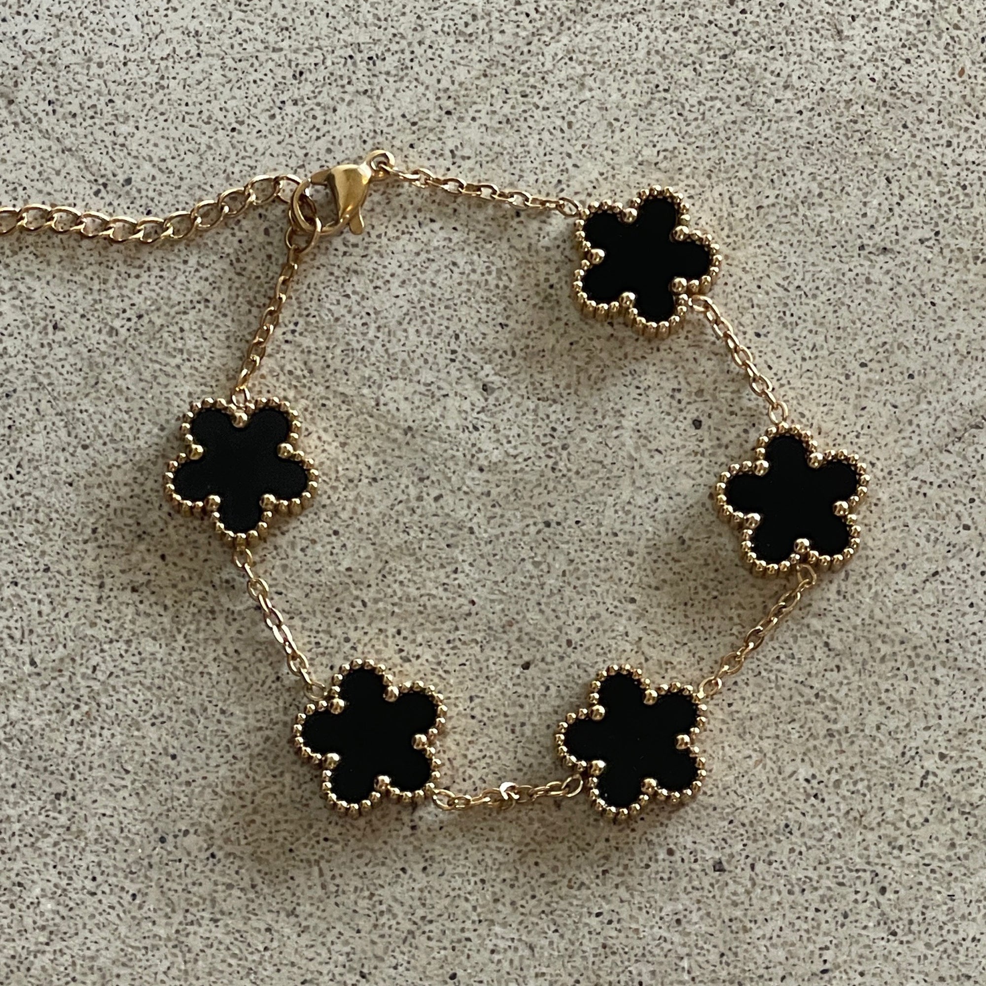 18k Gold Plated Five Petal Clover Bracelet, Stainless Steel Five Leaf Clover Jewelry for Women
