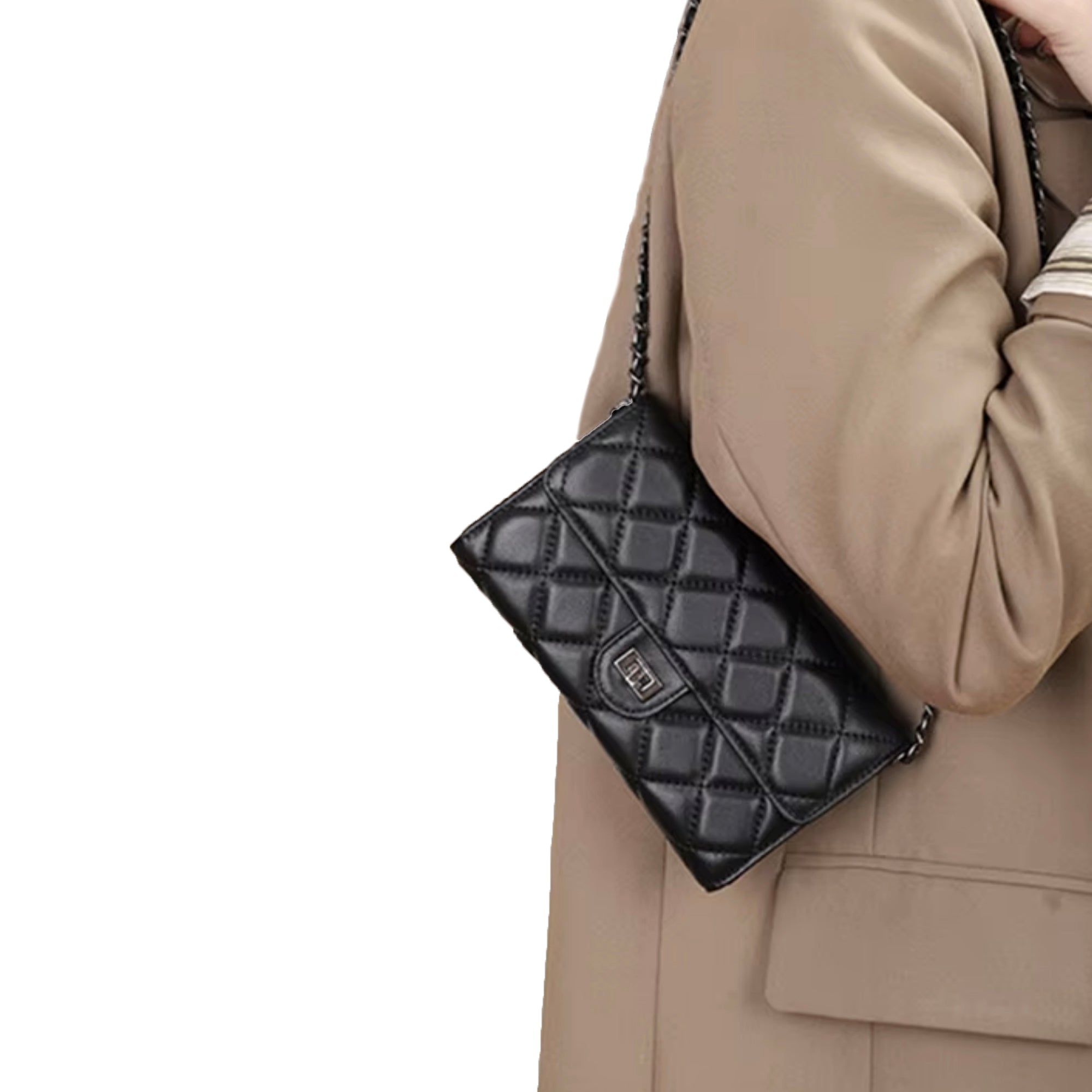 Quilted Genuine Leather Crossbody Bag with Chain Strap