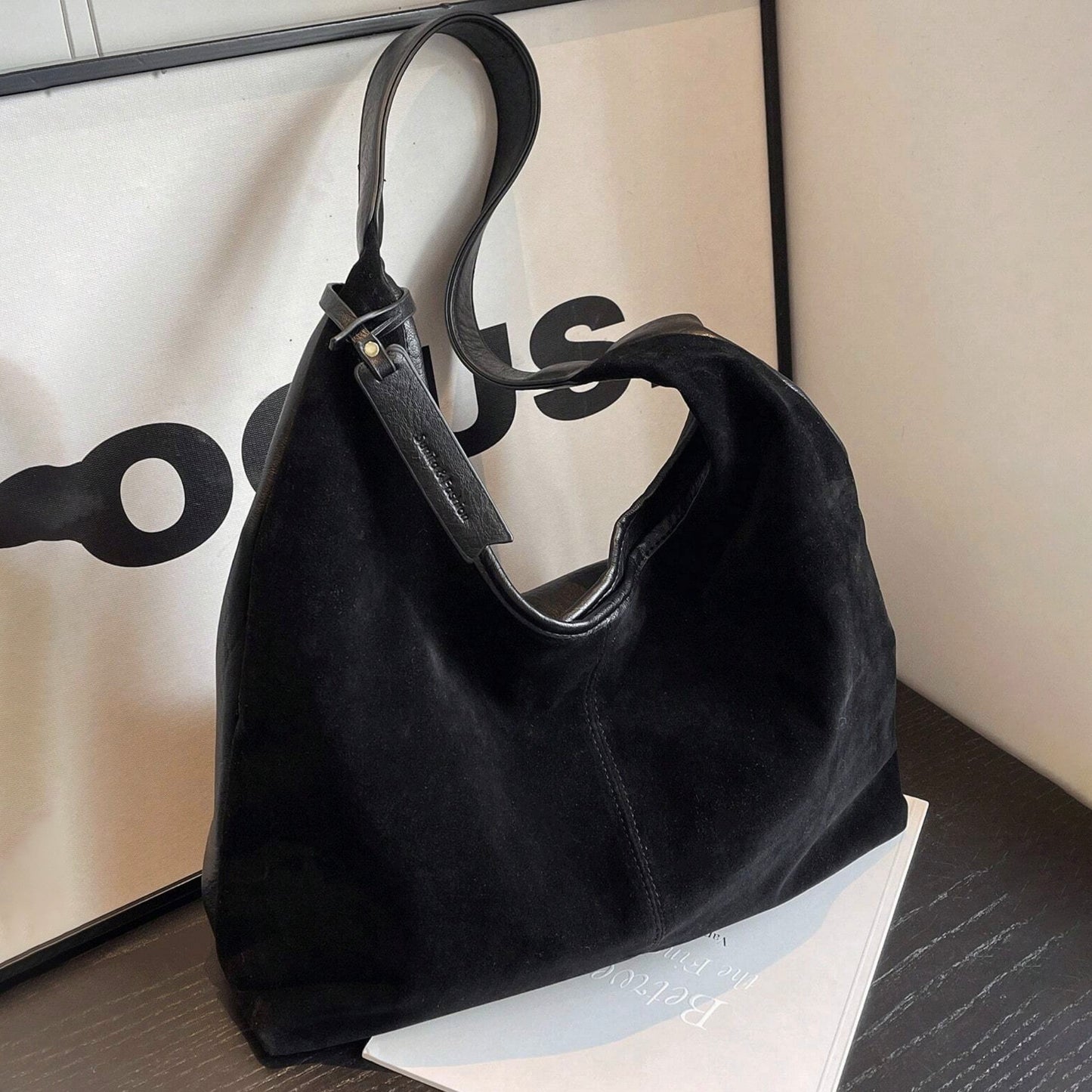 Suede Leather Hobo Bag, Suede Shoulder Bag, 2-in-1 Dual-Texture Shoulder Bag