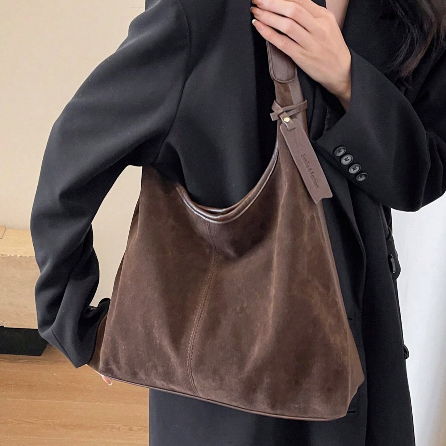 Suede Leather Hobo Bag, Suede Shoulder Bag, 2-in-1 Dual-Texture Shoulder Bag