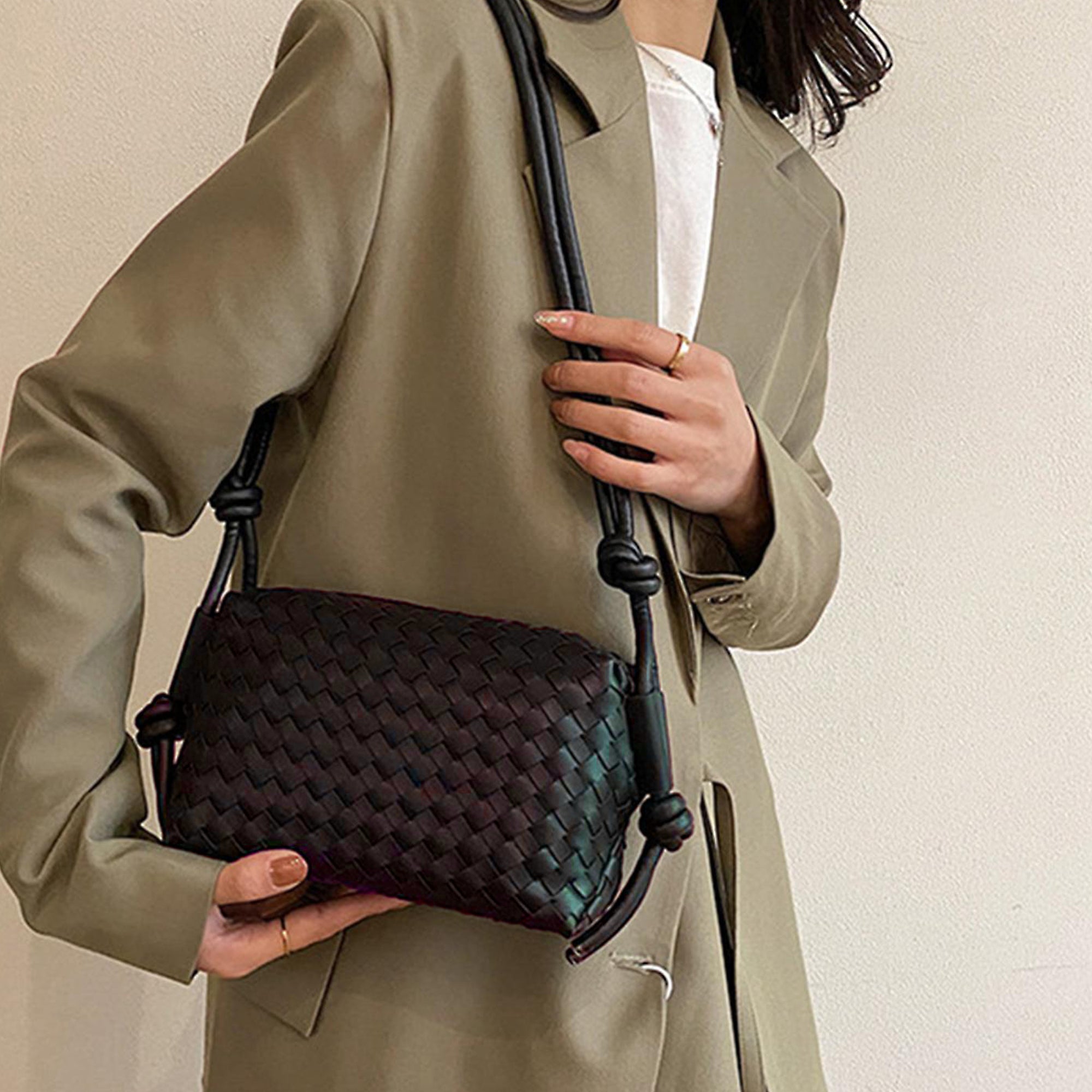 Woven Genuine Leather Shoulder Bag, Luxury Woven Pouch Bag