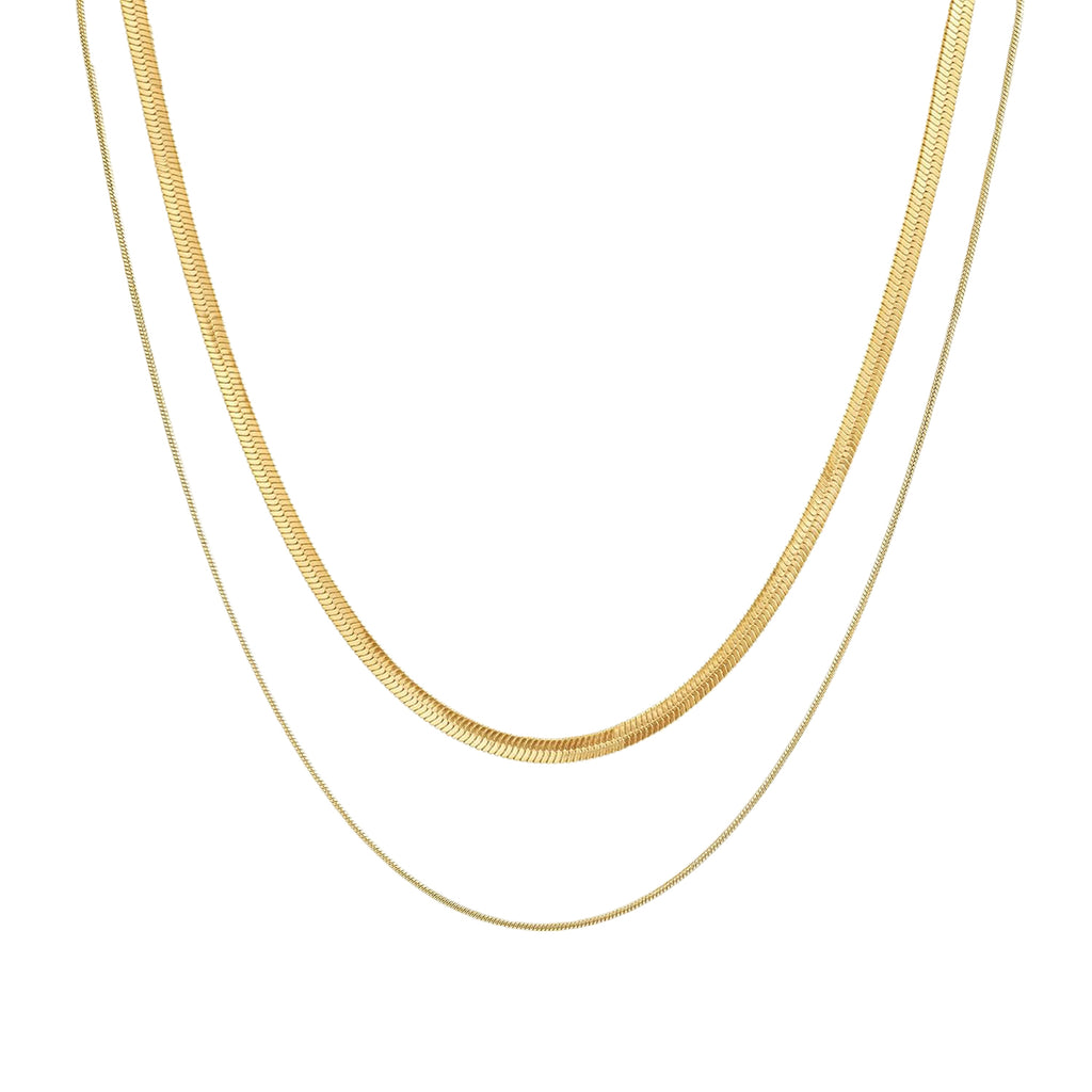 Double Layer Necklace, Stainless Steel Herringbone and Snake Chain, 16-18 Inches, Minimalist Jewelry for Women