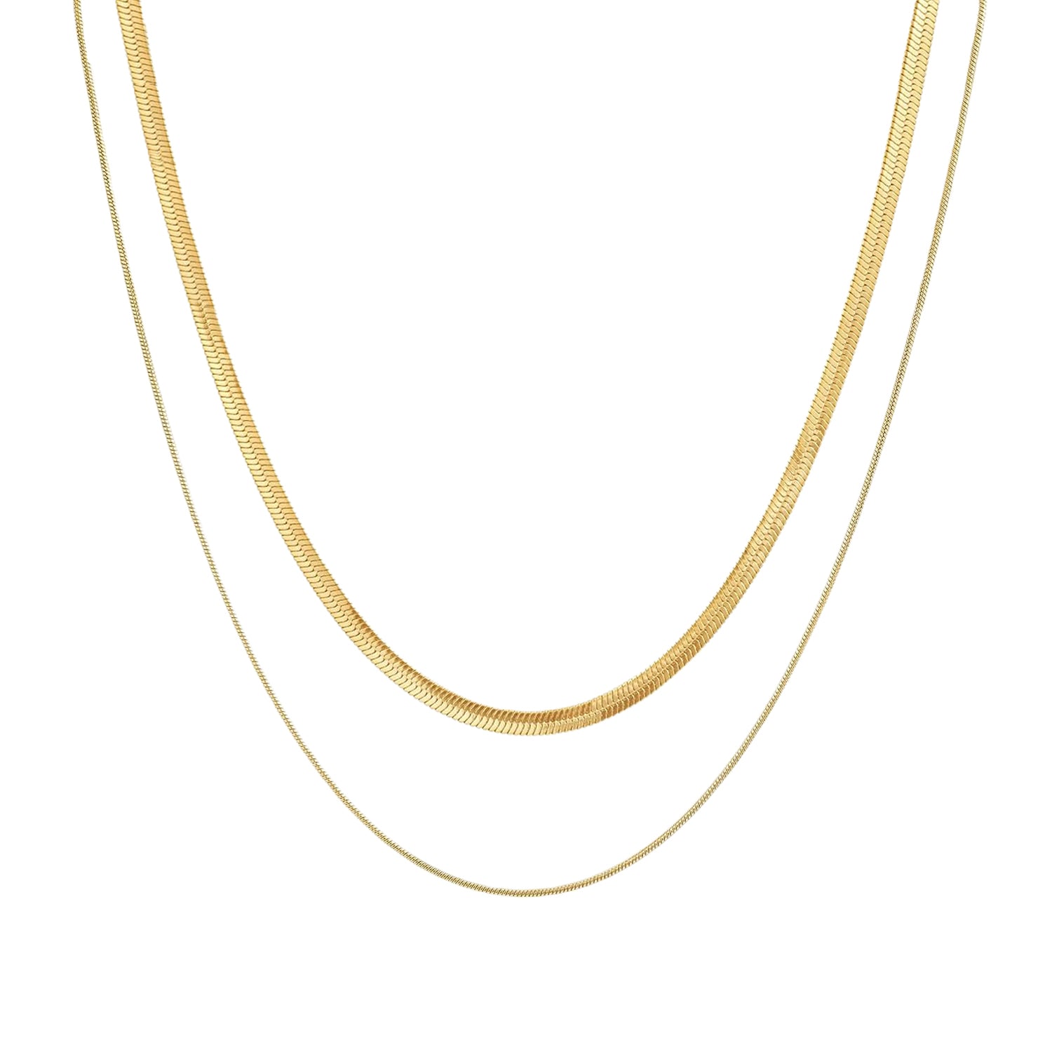 Double Layer Necklace, Stainless Steel Herringbone and Snake Chain, 16-18 Inches, Minimalist Jewelry for Women