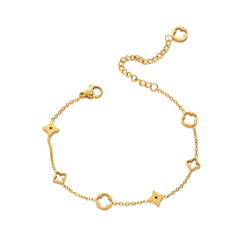 18k Gold Plated Clover Charm Bracelet, Adjustable Chain, Stainless Steel
