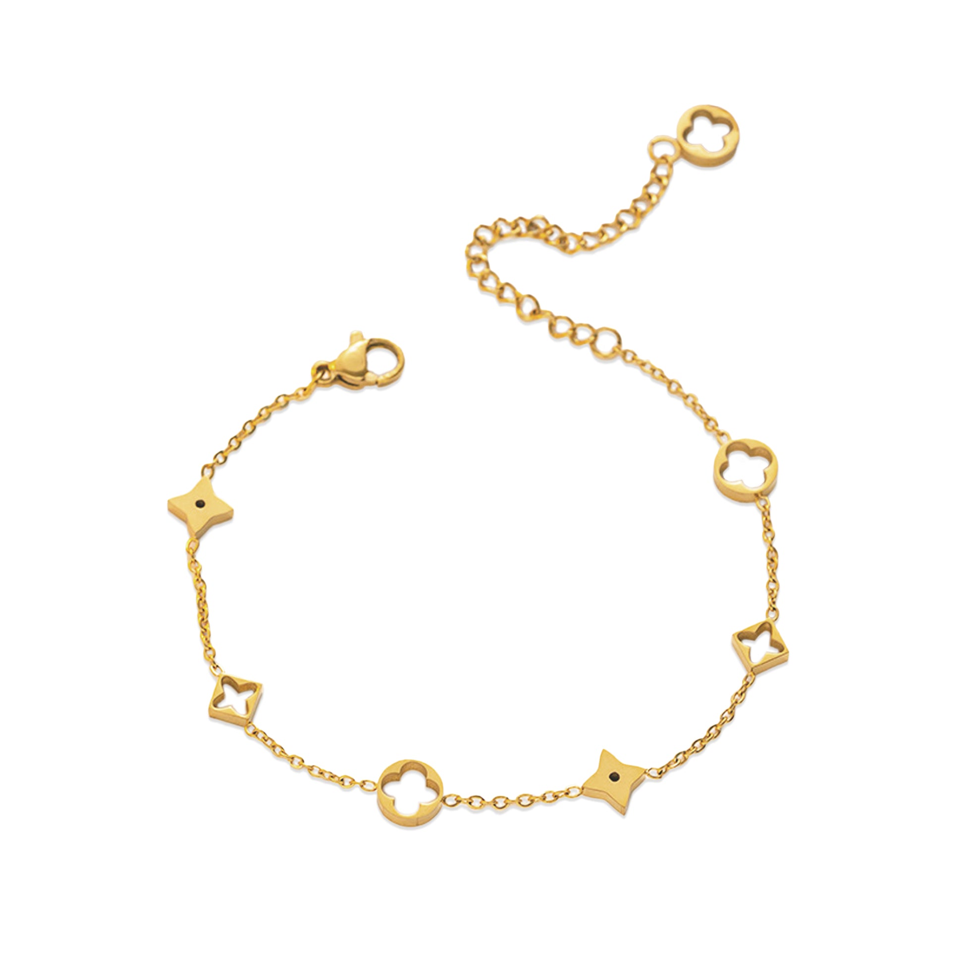 18k Gold Plated Clover Charm Bracelet, Adjustable Chain, Stainless Steel