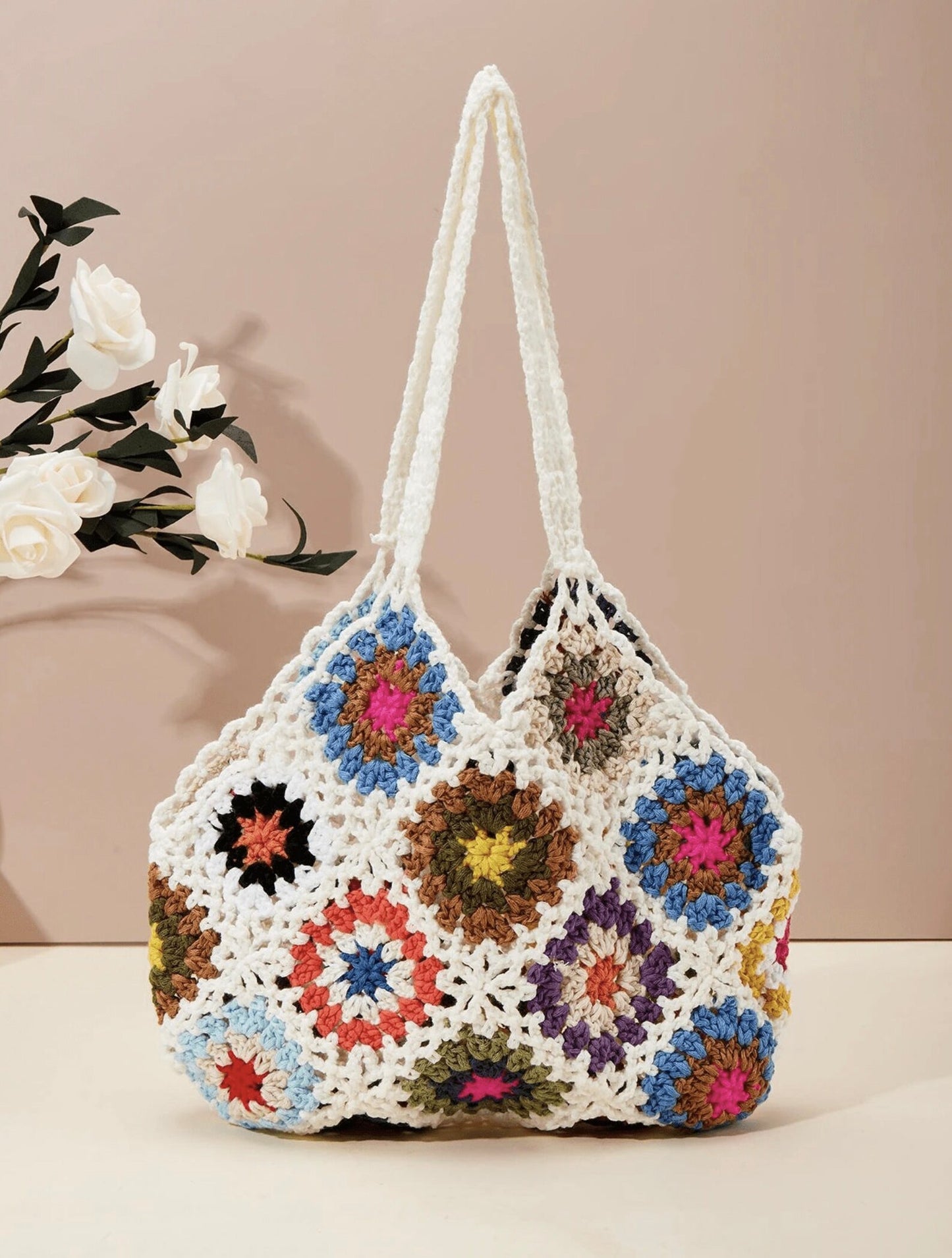 Crochet Floral Tote Bag