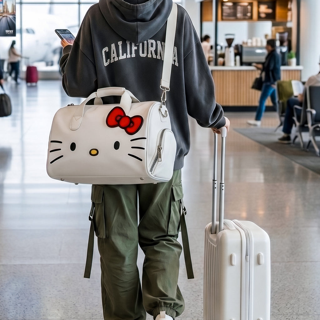 Sanrio Hello Kitty White Duffle Bag – Lightweight Travel Carry-On Weekender Overnight Tote