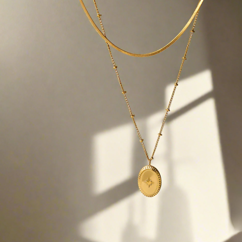 Dainty Star Pendant Necklace, 18K Gold Plated Double Layer Chain, 16-22 Inch Adjustable Length, Stainless Steel Minimalist Jewelry