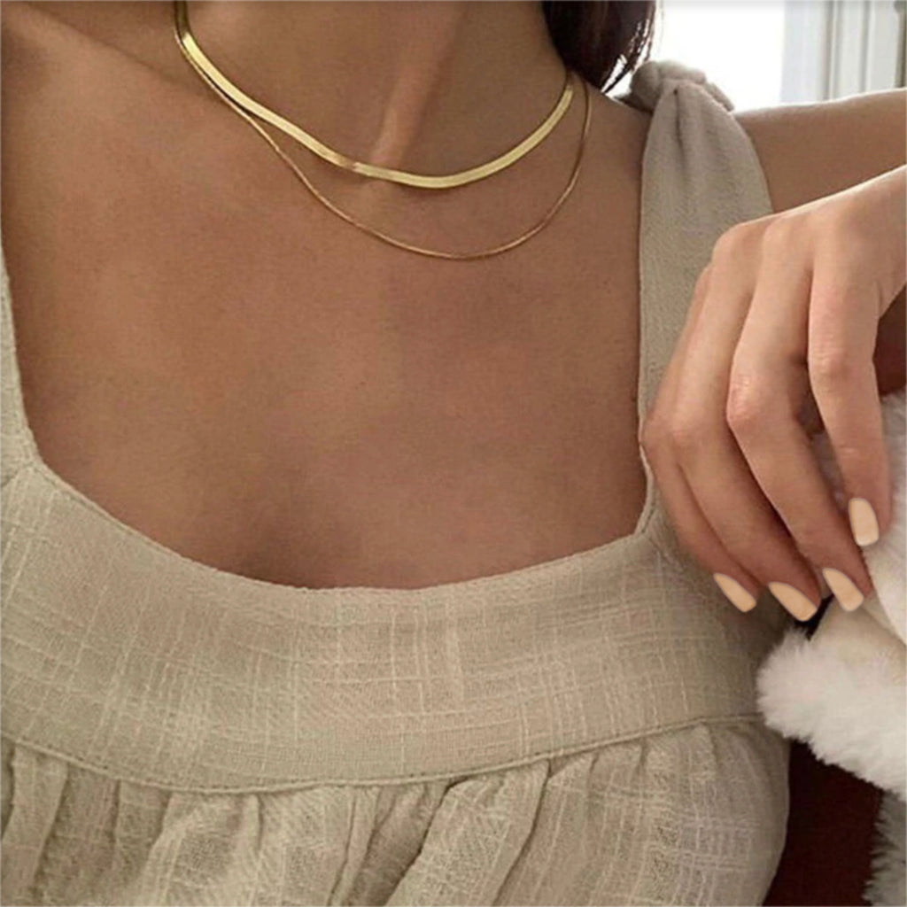 Double Layer Necklace, Stainless Steel Herringbone and Snake Chain, 16-18 Inches, Minimalist Jewelry for Women