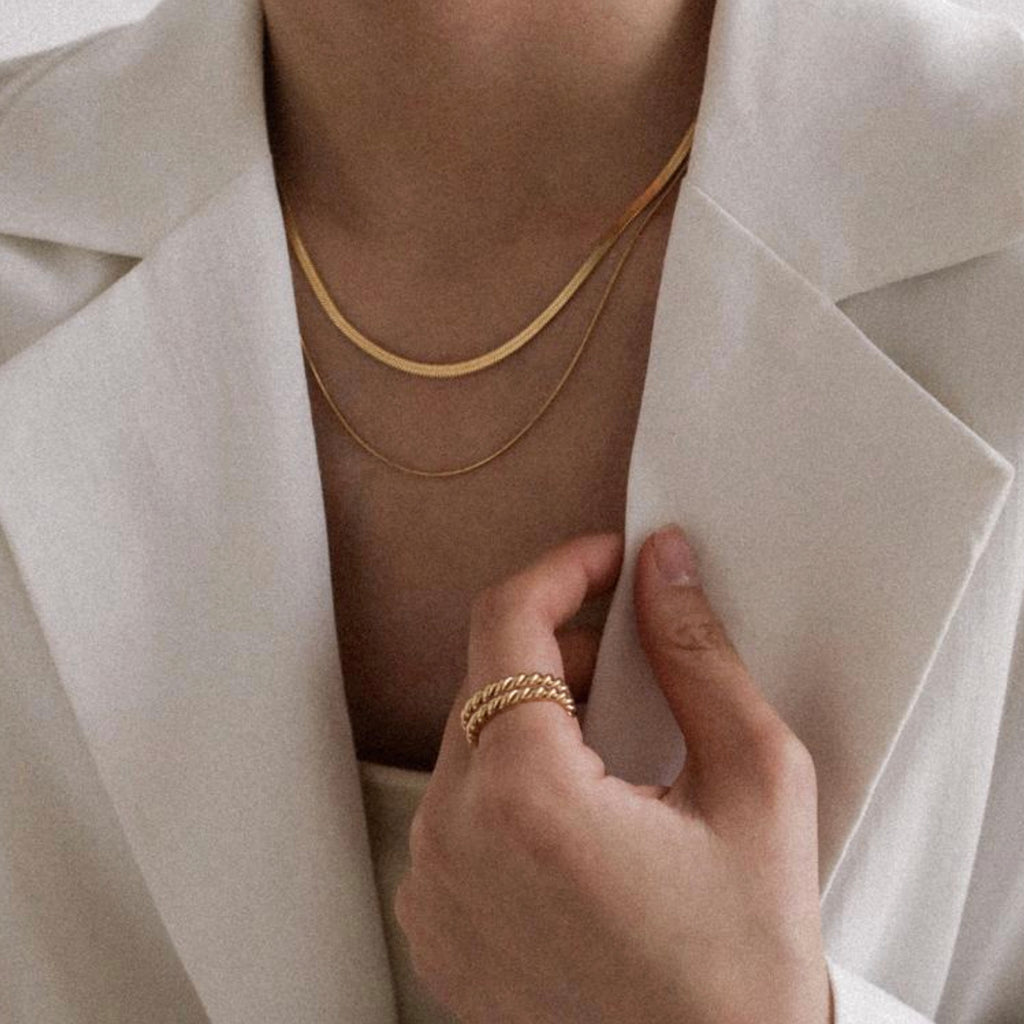 Double Layer Necklace, Stainless Steel Herringbone and Snake Chain, 16-18 Inches, Minimalist Jewelry for Women