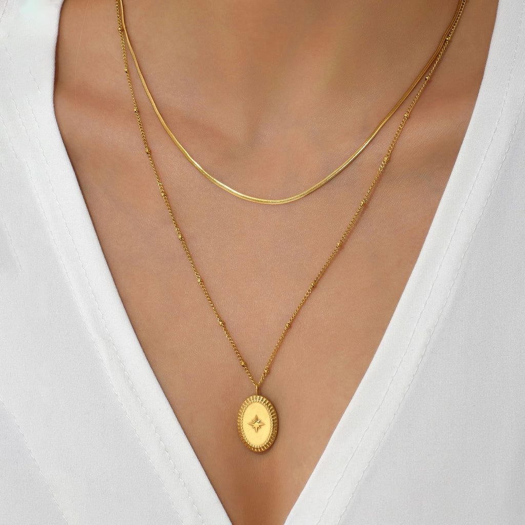 Dainty Star Pendant Necklace, 18K Gold Plated Double Layer Chain, 16-22 Inch Adjustable Length, Stainless Steel Minimalist Jewelry
