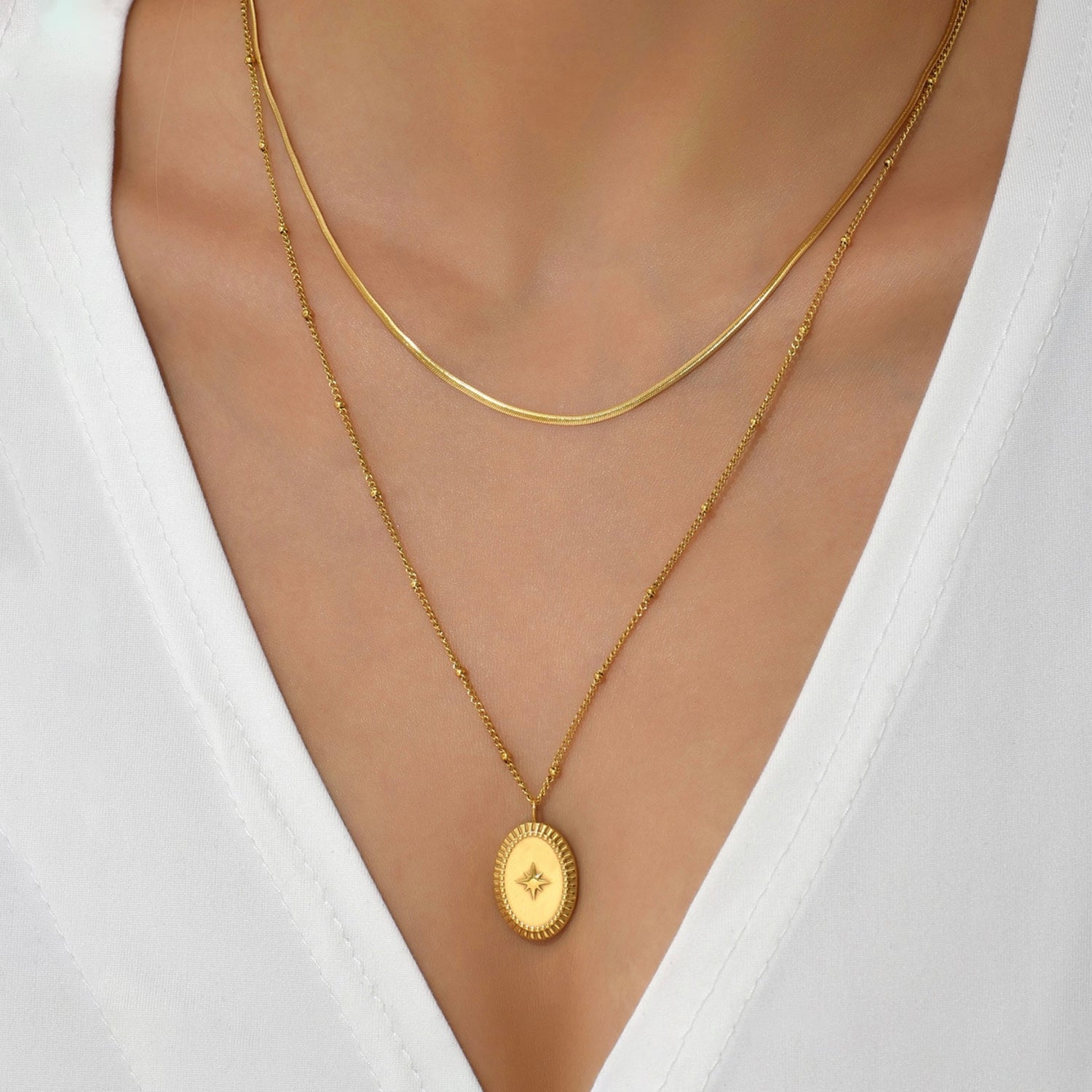 Dainty Star Pendant Necklace, 18K Gold Plated Double Layer Chain, 16-22 Inch Adjustable Length, Stainless Steel Minimalist Jewelry