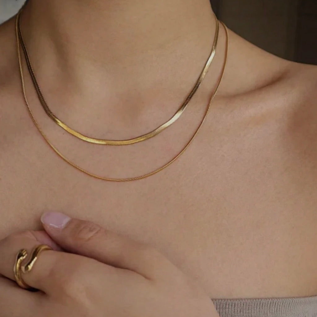 Double Layer Necklace, Stainless Steel Herringbone and Snake Chain, 16-18 Inches, Minimalist Jewelry for Women
