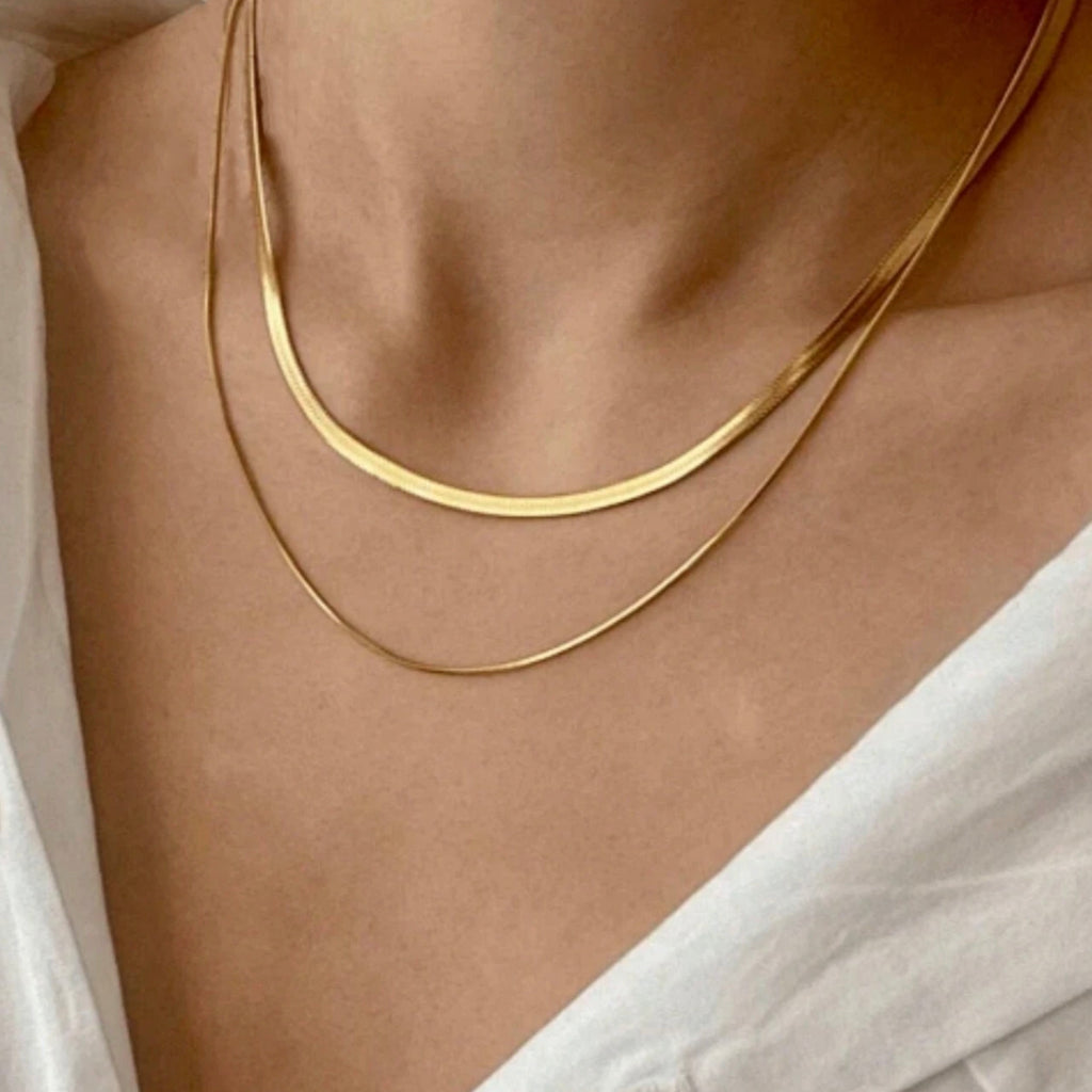 Double Layer Necklace, Stainless Steel Herringbone and Snake Chain, 16-18 Inches, Minimalist Jewelry for Women
