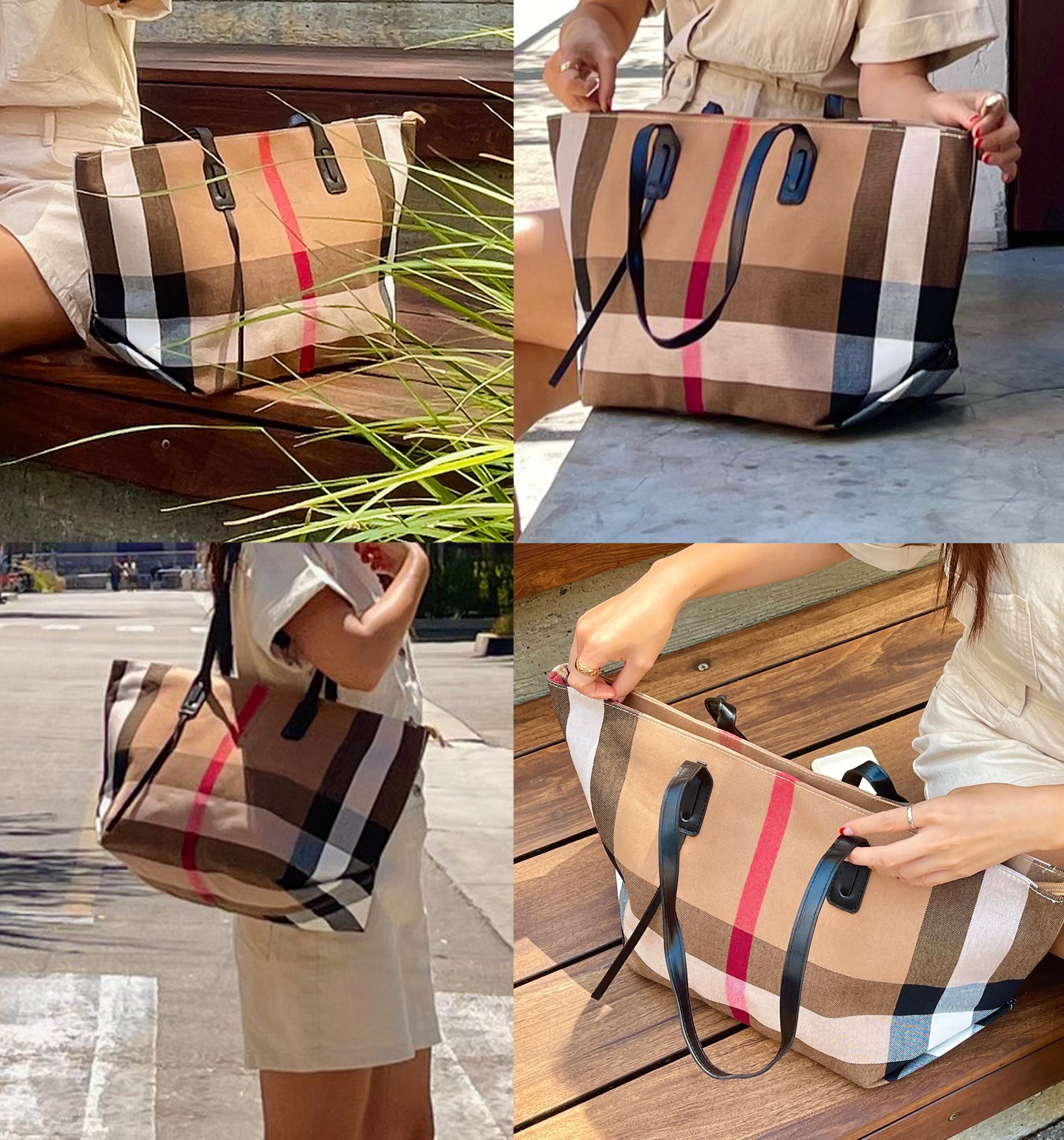 Plaid Canvas Tote Shoulder Bag, Large Capacity Handbags for Women