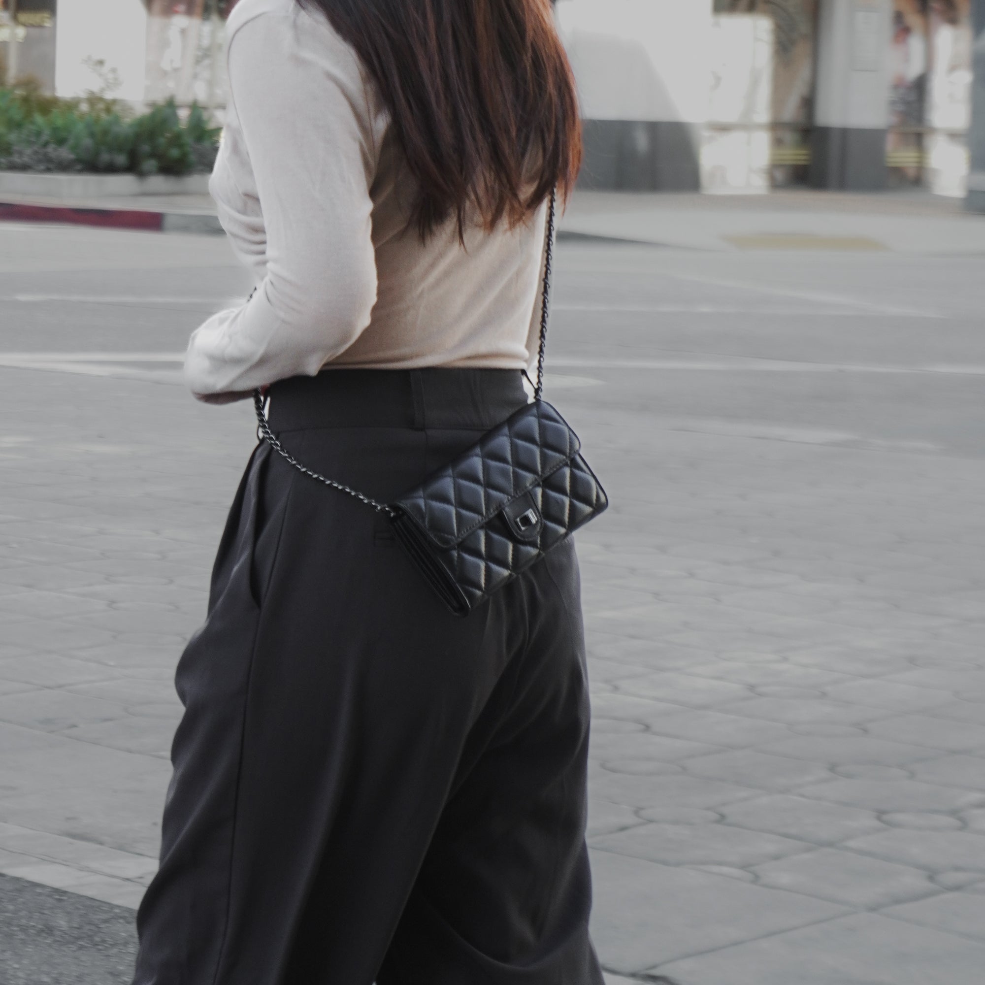 Quilted Genuine Leather Crossbody Bag with Chain Strap