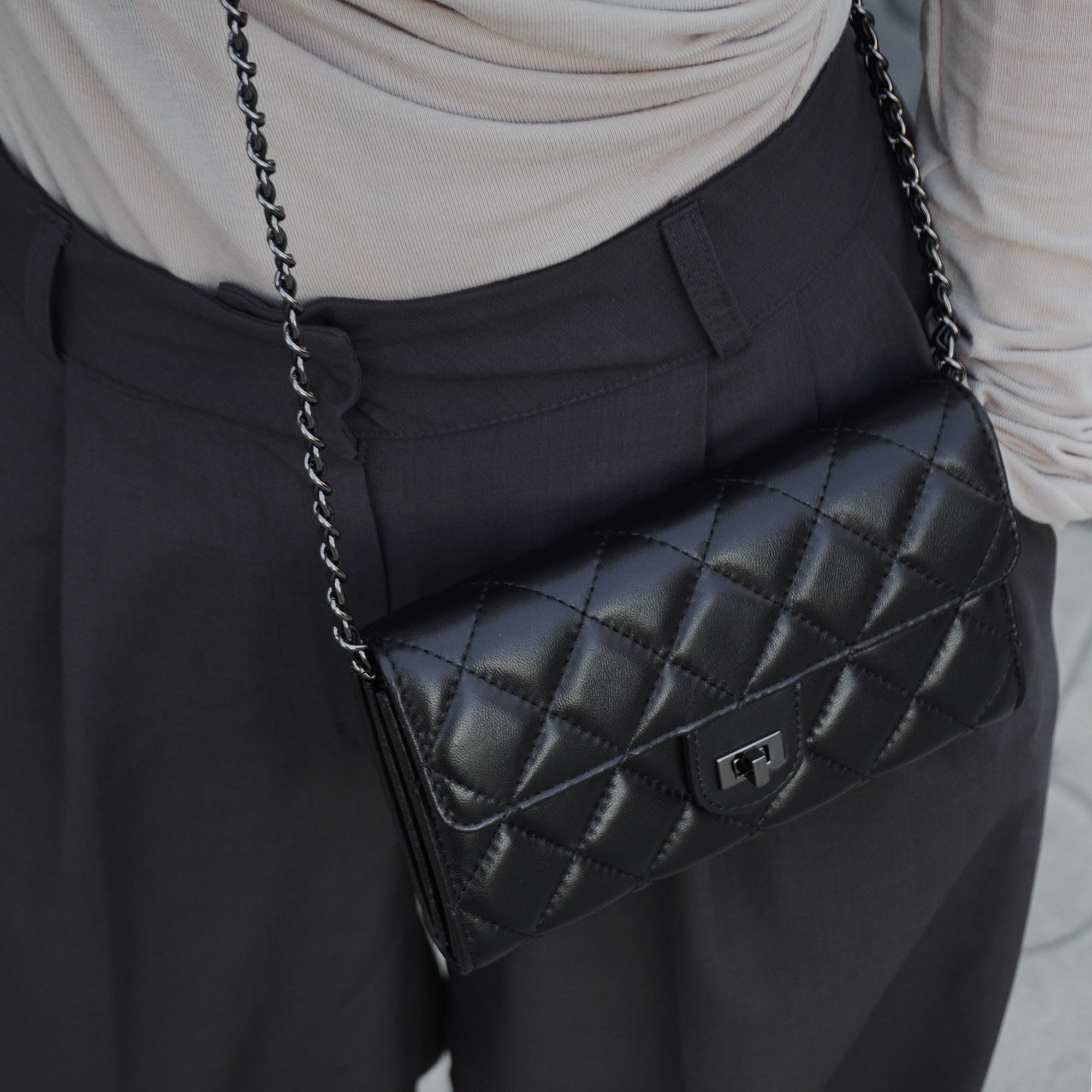Quilted Genuine Leather Crossbody Bag with Chain Strap
