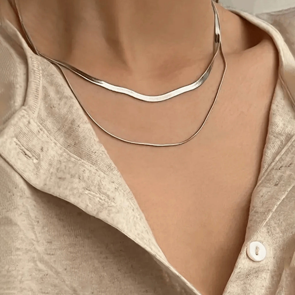 Double Layer Necklace, Stainless Steel Herringbone and Snake Chain, 16-18 Inches, Minimalist Jewelry for Women