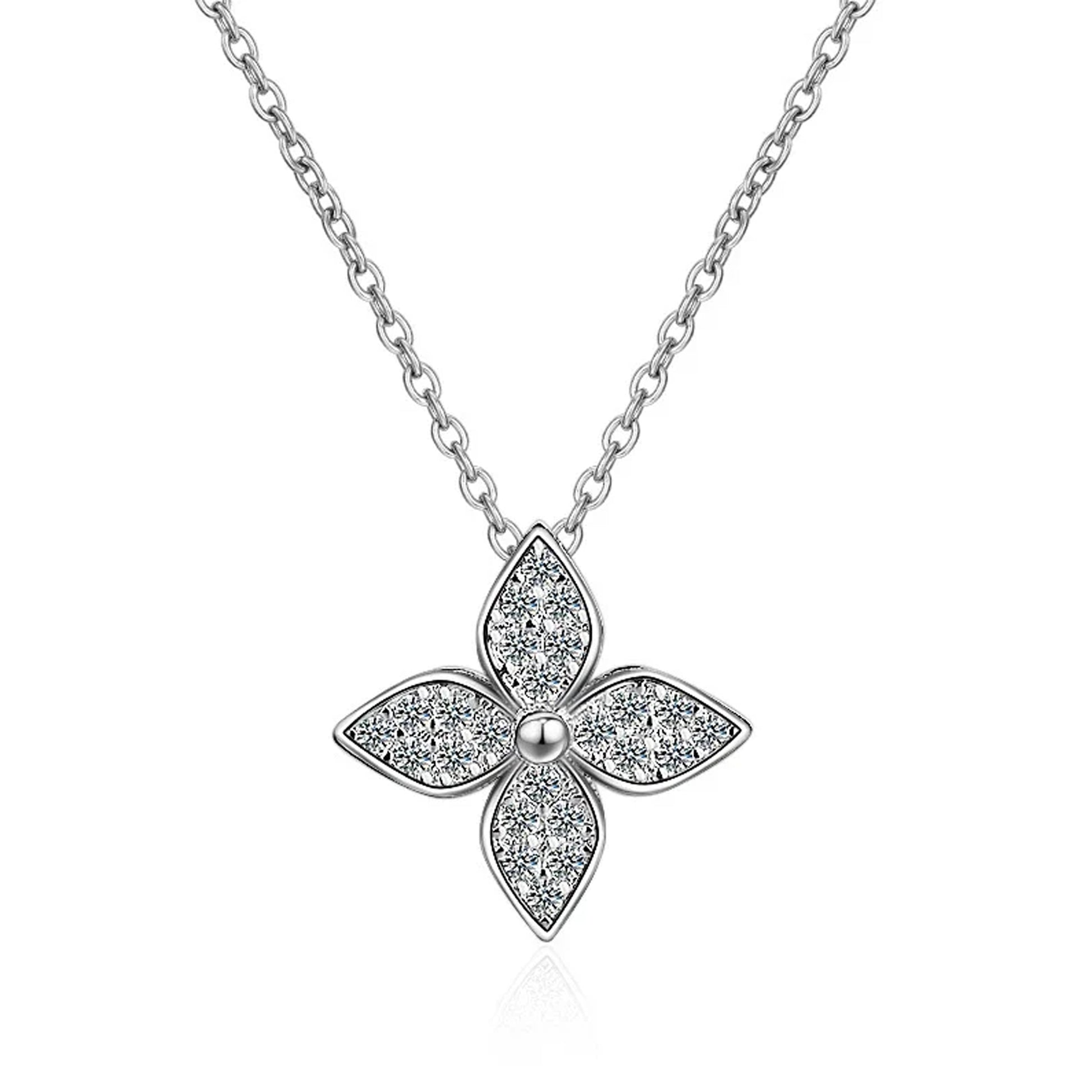 925 Sterling Silver Four-Leaf Clover Necklace, Pave Four Petal Lucky Charm Pendant