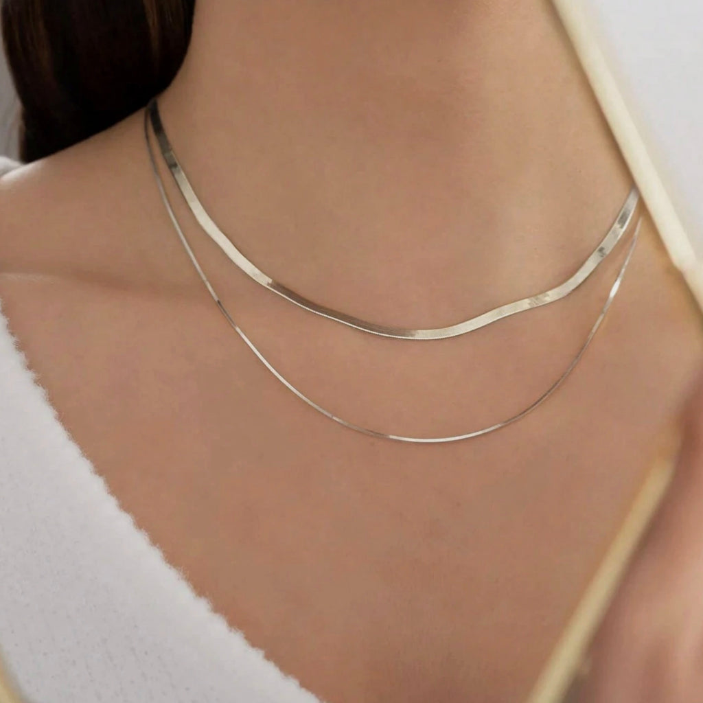 Double Layer Necklace, Stainless Steel Herringbone and Snake Chain, 16-18 Inches, Minimalist Jewelry for Women