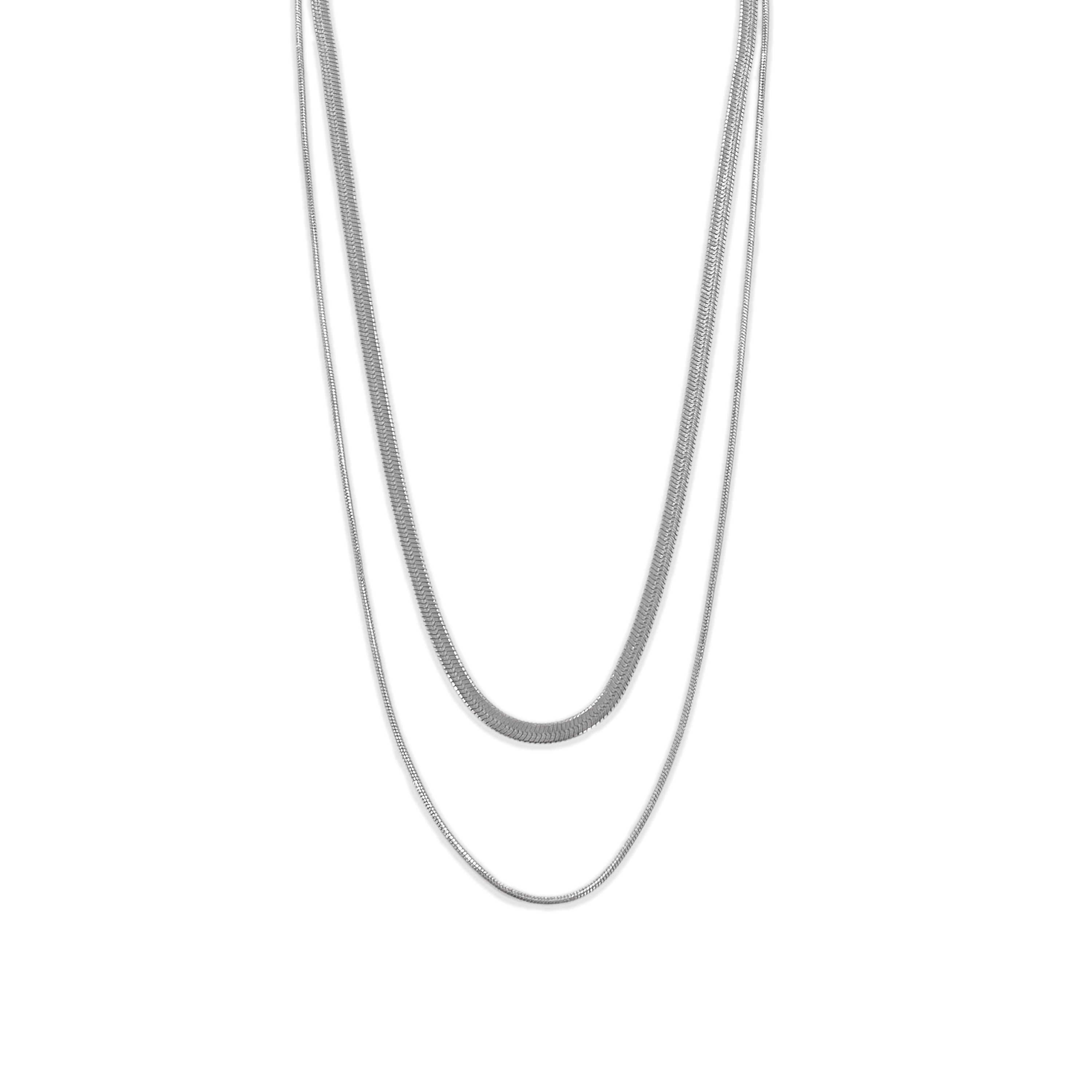 Double Layer Necklace, Stainless Steel Herringbone and Snake Chain, 16-18 Inches, Minimalist Jewelry for Women