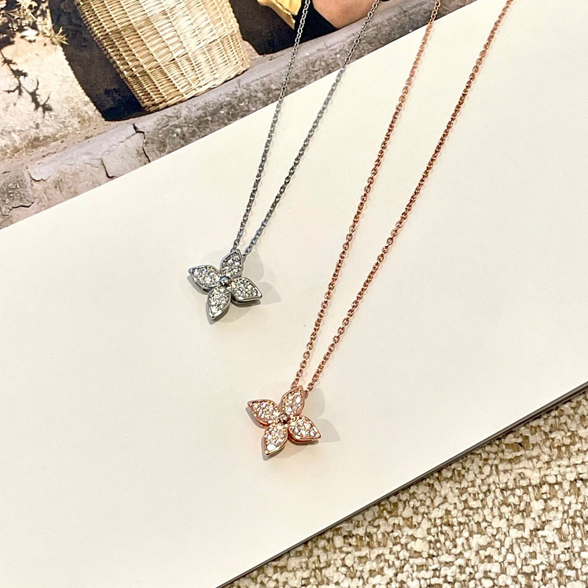 925 Sterling Silver Four-Leaf Clover Necklace, Pave Four Petal Lucky Charm Pendant