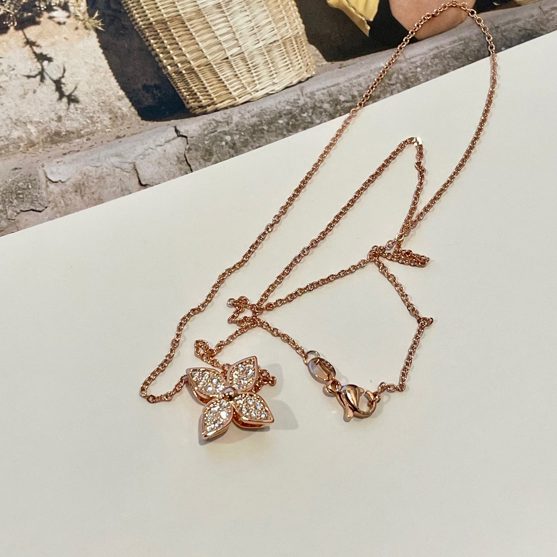 925 Sterling Silver Four-Leaf Clover Necklace, Pave Four Petal Lucky Charm Pendant