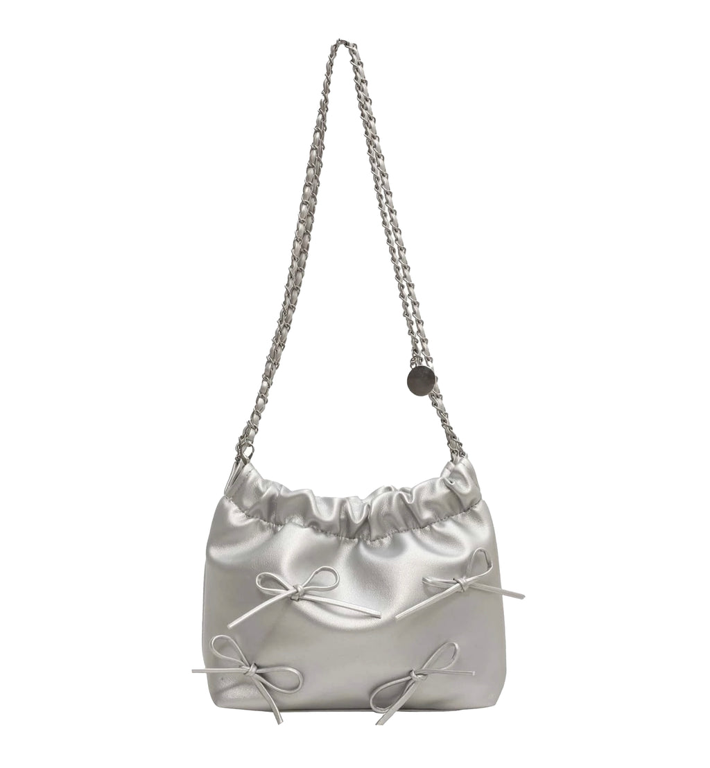 Silver Bow Chain Shoulder Bag – Glam Mini Purse with Metallic Finish & Cute Bow Detail
