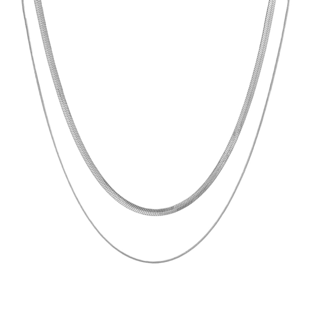 Double Layer Necklace, Stainless Steel Herringbone and Snake Chain, 16-18 Inches, Minimalist Jewelry for Women
