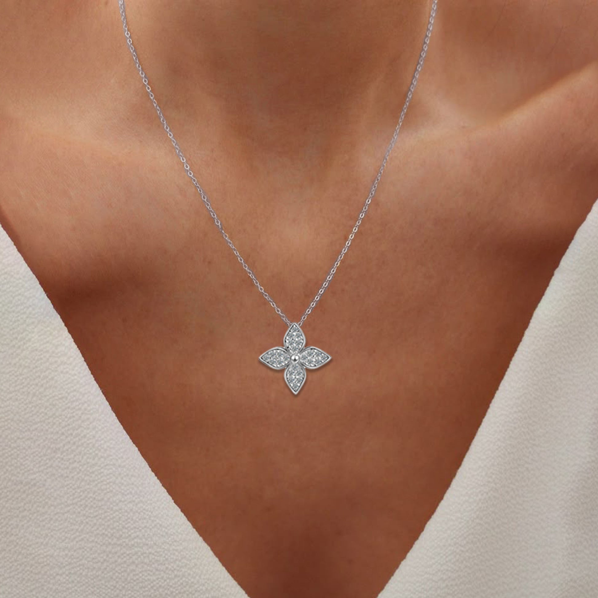 925 Sterling Silver Four-Leaf Clover Necklace, Pave Four Petal Lucky Charm Pendant