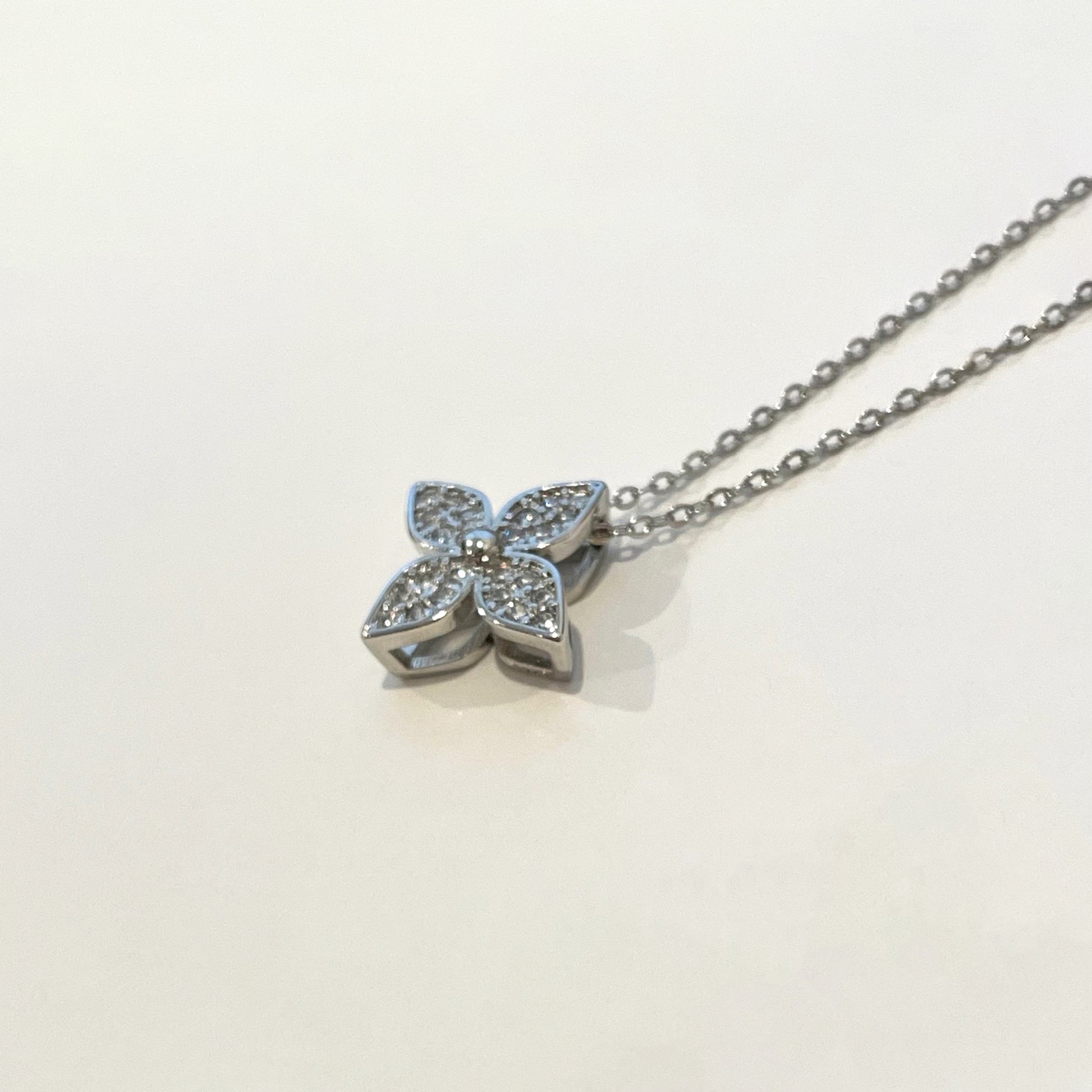 925 Sterling Silver Four-Leaf Clover Necklace, Pave Four Petal Lucky Charm Pendant