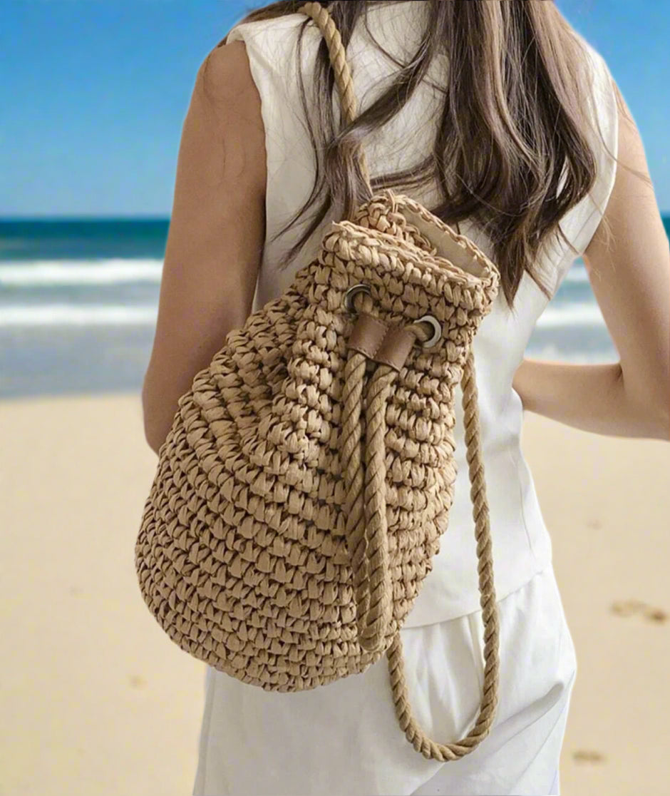 Straw Woven Drawstring Bucket Backpack, Summer Beach Bag, Summer Raffia Backpack