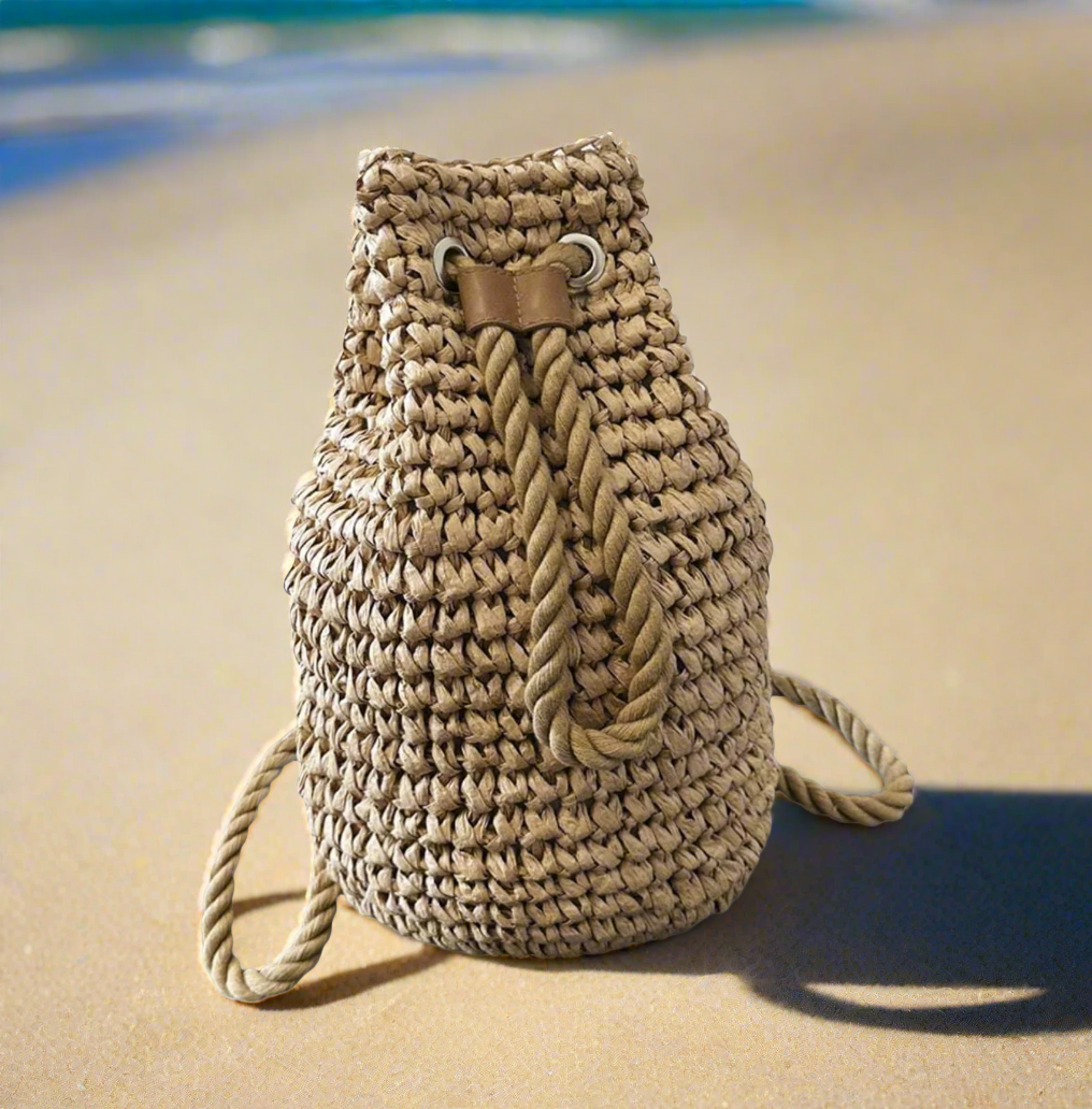Straw Woven Drawstring Bucket Backpack, Summer Beach Bag, Summer Raffia Backpack