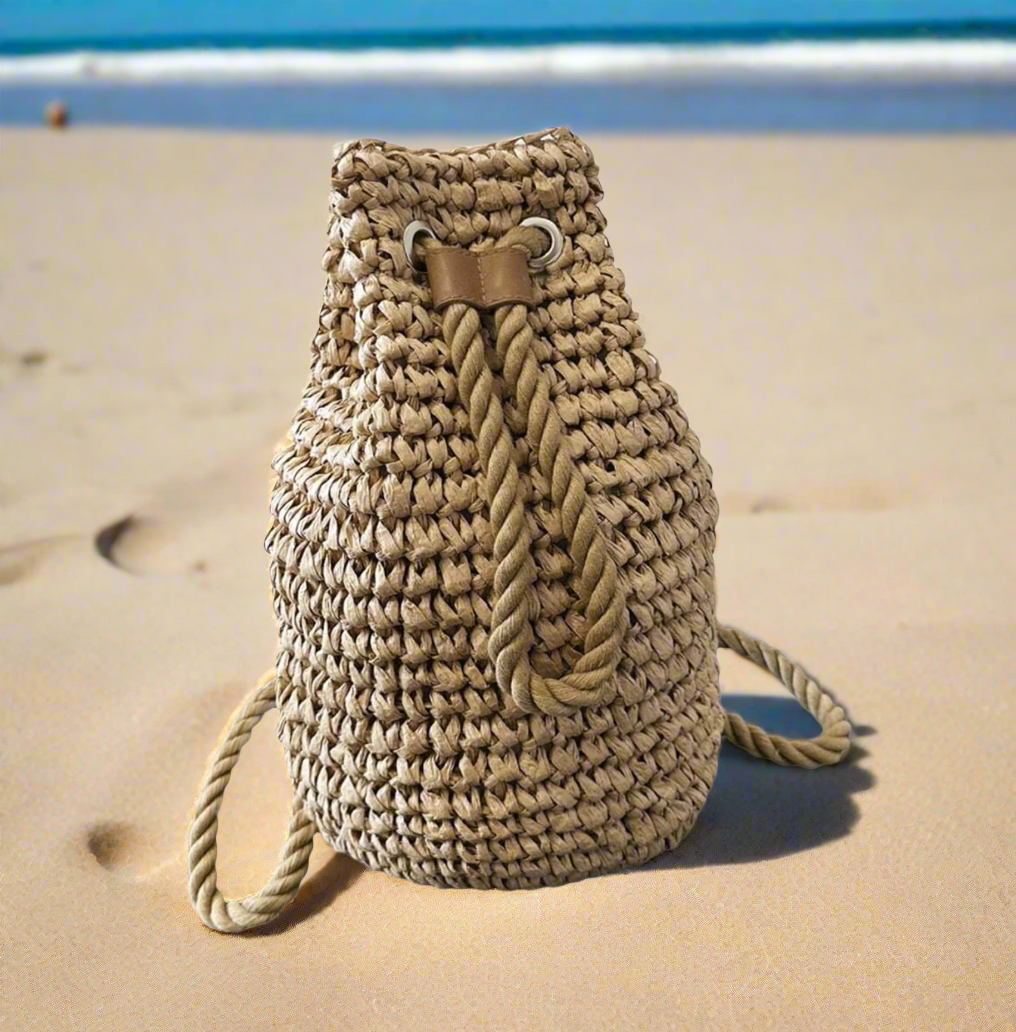 Straw Woven Drawstring Bucket Backpack, Summer Beach Bag, Summer Raffia Backpack