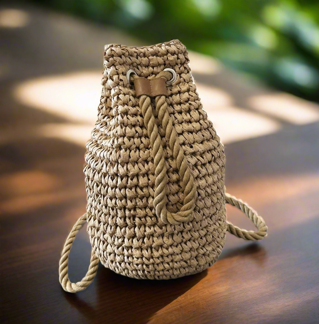 Straw Woven Drawstring Bucket Backpack, Summer Beach Bag, Summer Raffia Backpack