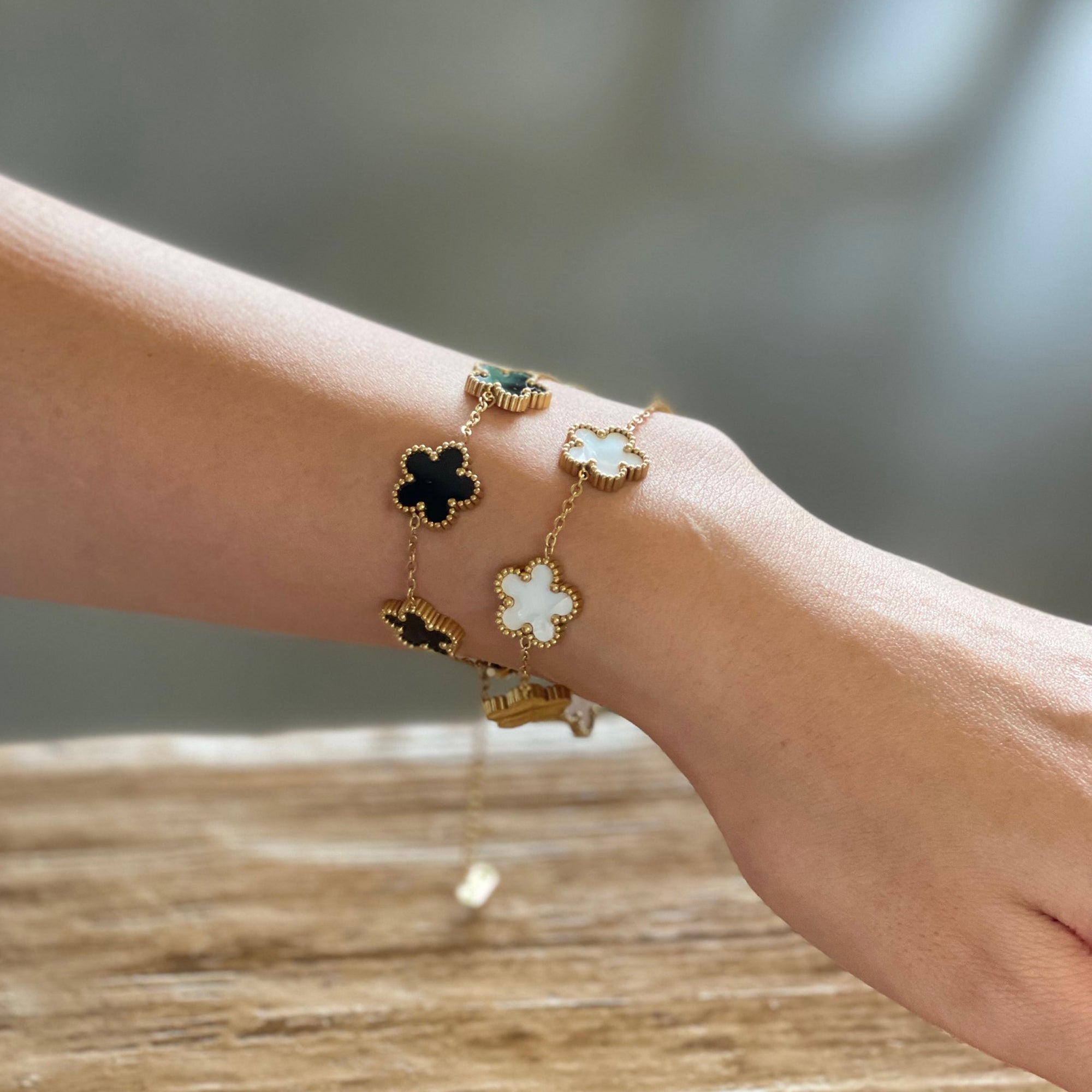 18k Gold Plated Five Petal Clover Bracelet, Stainless Steel Five Leaf Clover Jewelry for Women