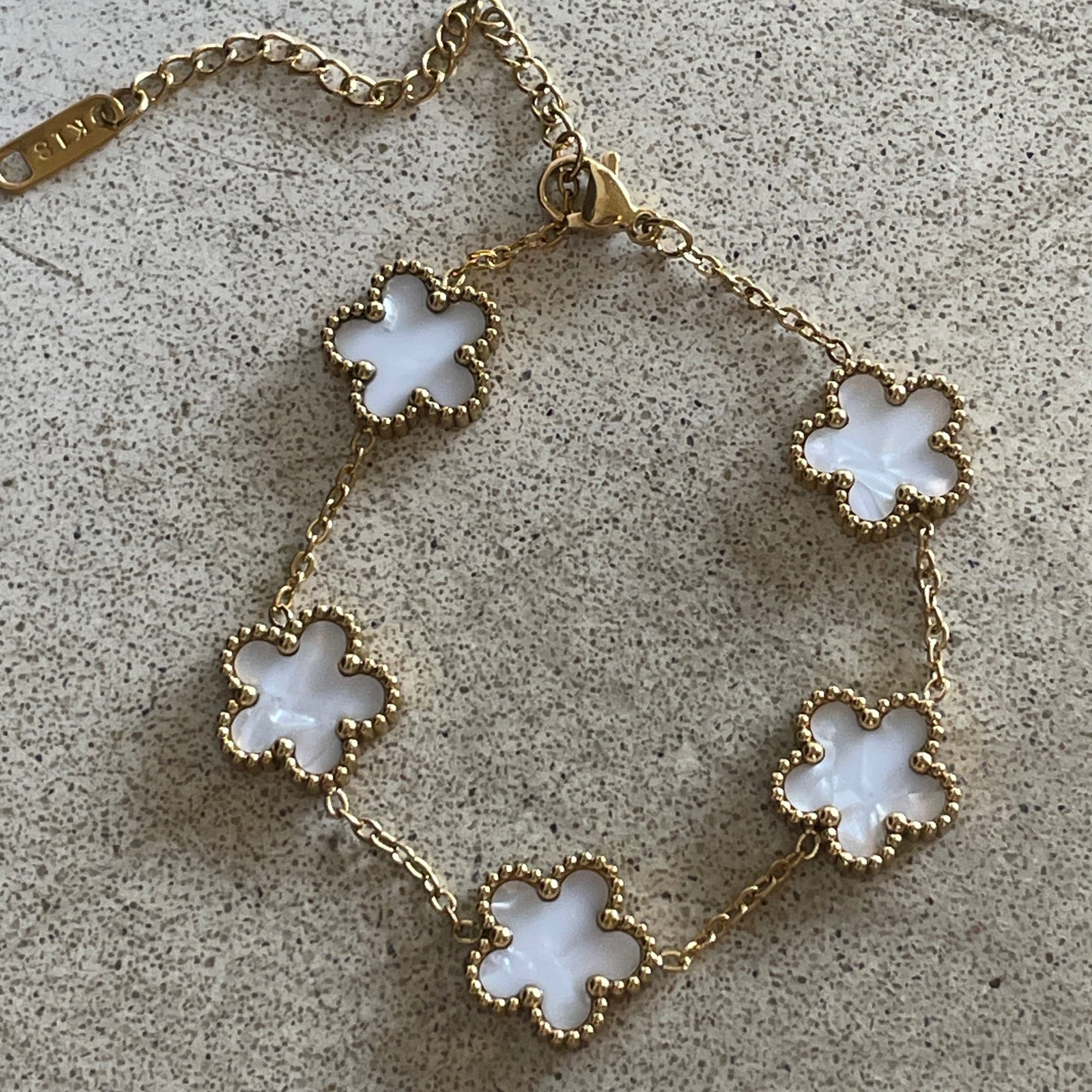 18k Gold Plated Five Petal Clover Bracelet, Stainless Steel Five Leaf Clover Jewelry for Women