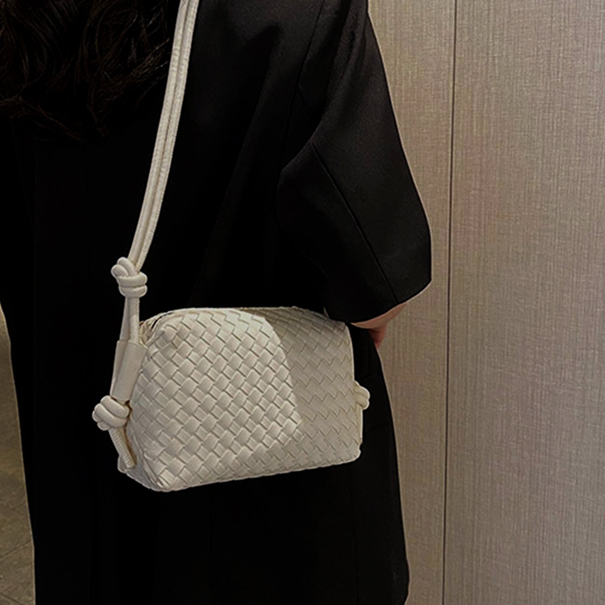 Woven Genuine Leather Shoulder Bag, Luxury Woven Pouch Bag