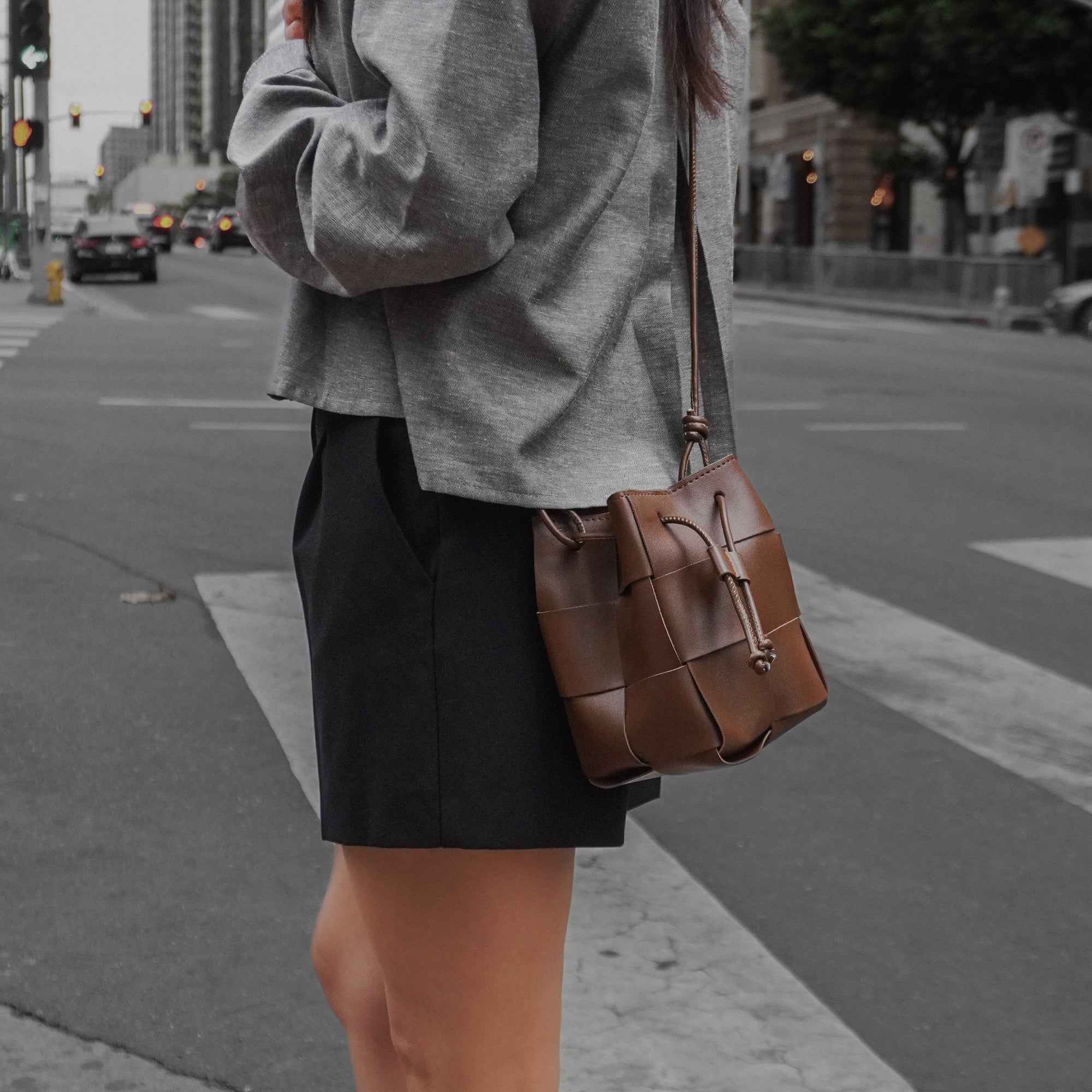 Woven Vegan Leather Pouch Crossbody Bag, Braided Bucket Shoulder Bag