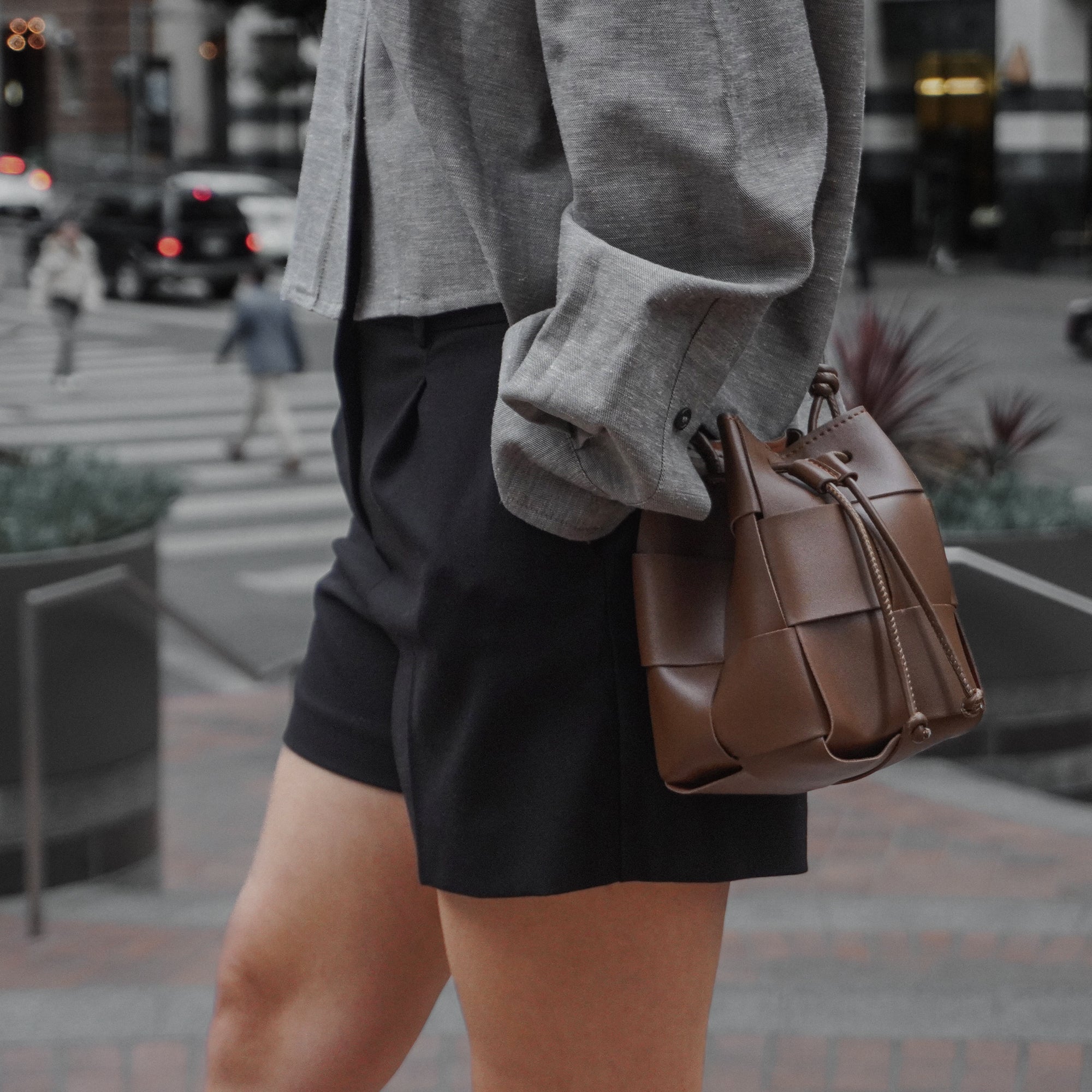 Woven Vegan Leather Pouch Crossbody Bag, Braided Bucket Shoulder Bag